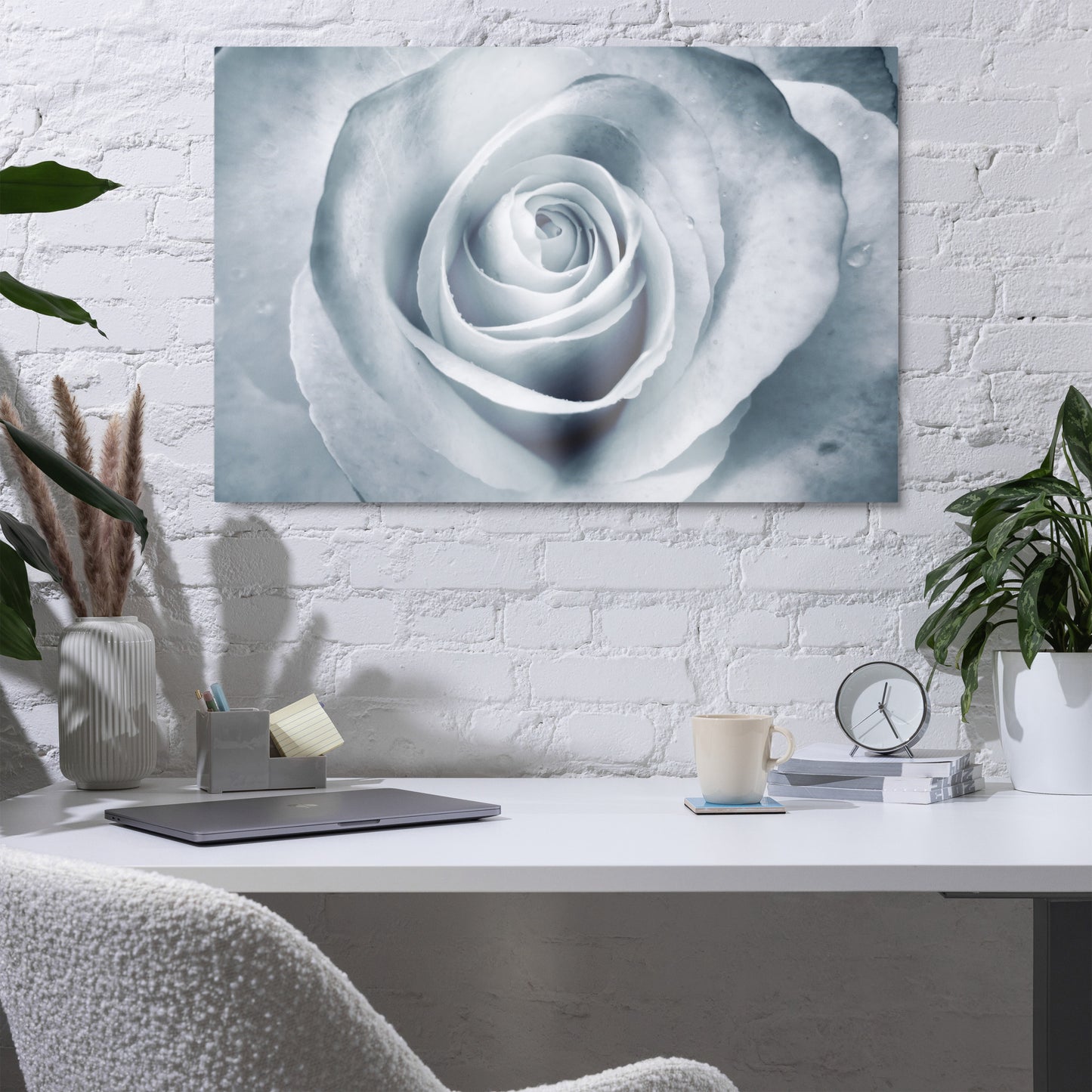 Elegant White Rose Macro Photograph On Fine Art Metal Print - Perfect Gift For Contemporary Art, Nature, Flower & B&W Photography Lovers