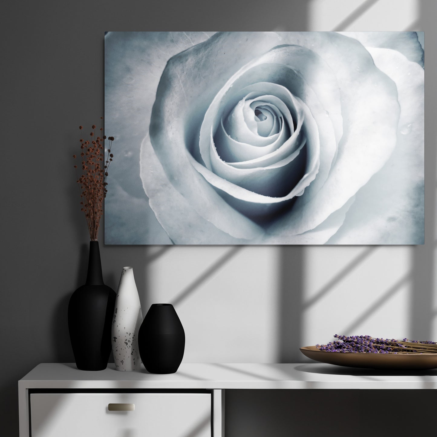 Elegant White Rose Macro Photograph On Fine Art Metal Print - Perfect Gift For Contemporary Art, Nature, Flower & B&W Photography Lovers