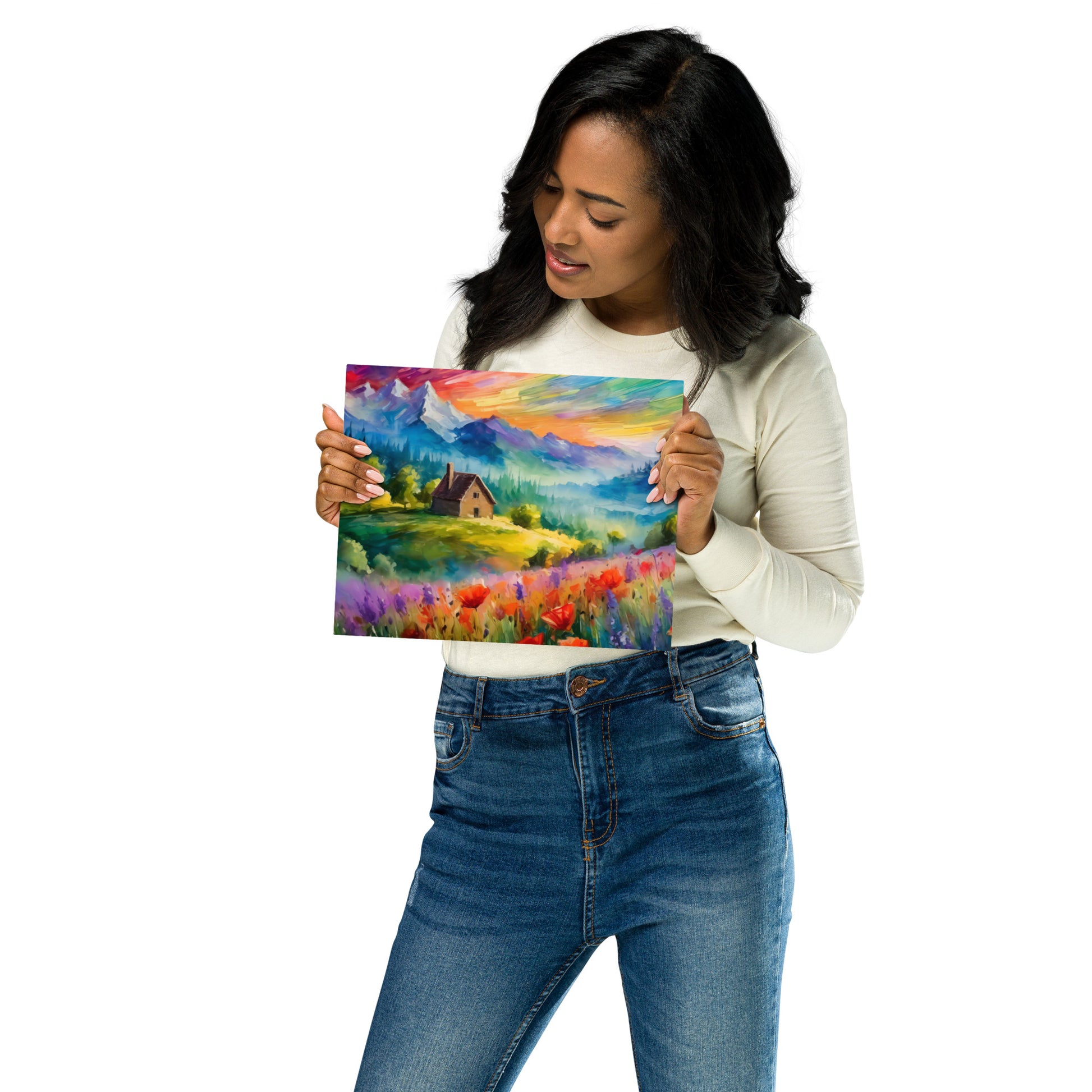 mountains, flowers, fields, sky, clouds, cabin, landscape, art, scenic