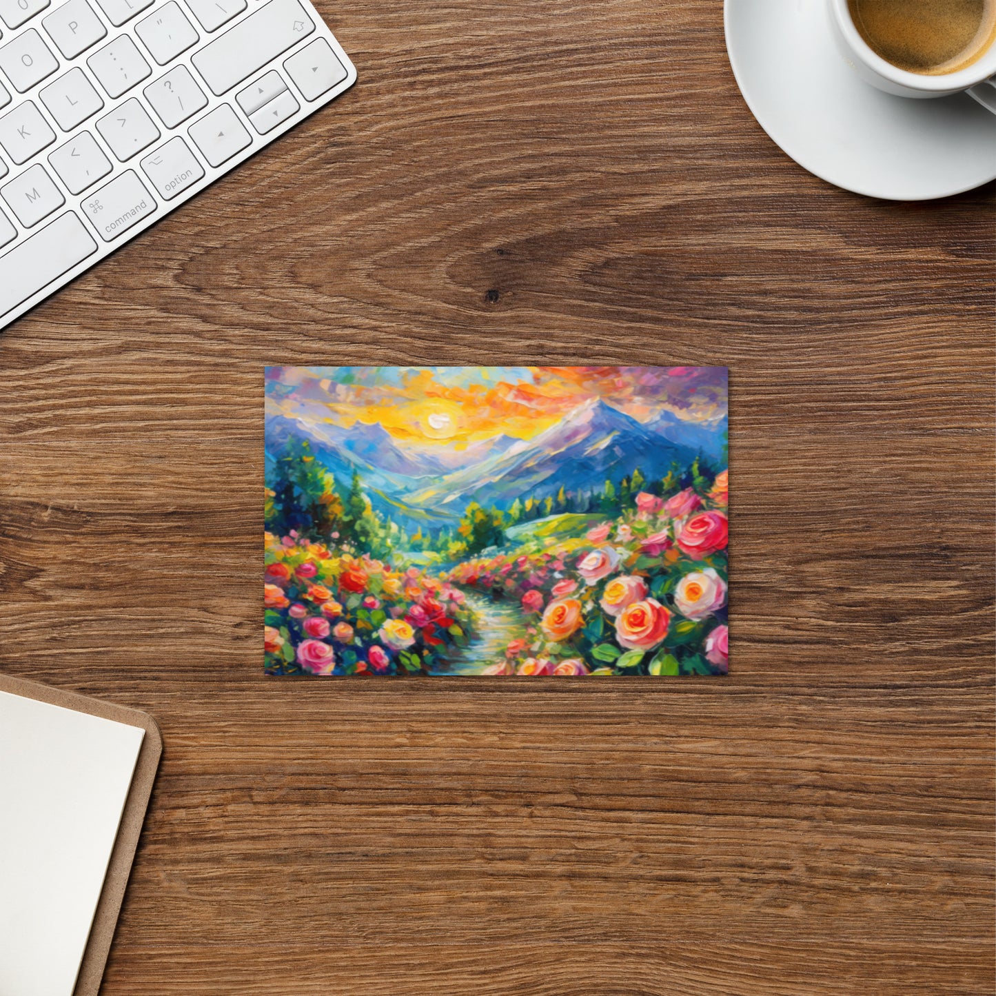 mountains, flowers, trees, sunset, landscape, scenic, art
