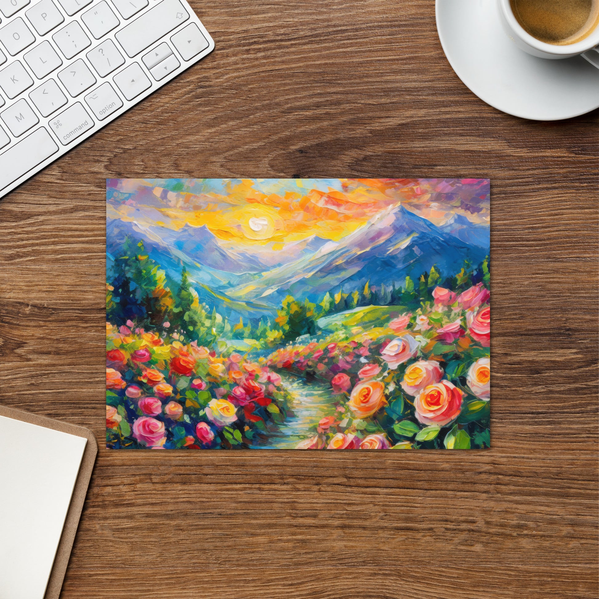 mountains, flowers, trees, sunset, landscape, scenic, art