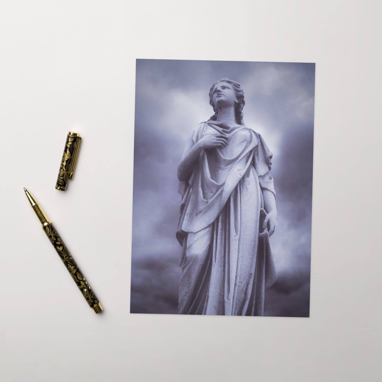 Fine Art Greeting Card – Milady - Beautiful Statue Of A Woman With A Stormy Sky In Blue Monotone  – A Perfect Gift For Contemporary And Fine Art Photography Lovers