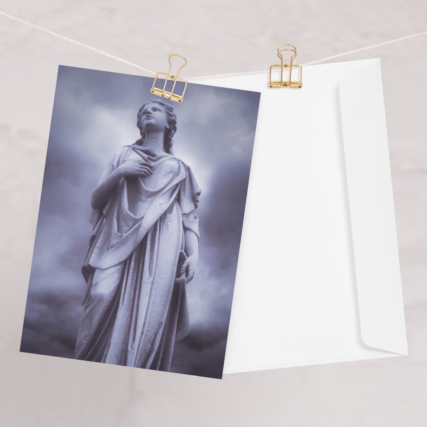 Fine Art Greeting Card – Milady - Beautiful Statue Of A Woman With A Stormy Sky In Blue Monotone  – A Perfect Gift For Contemporary And Fine Art Photography Lovers
