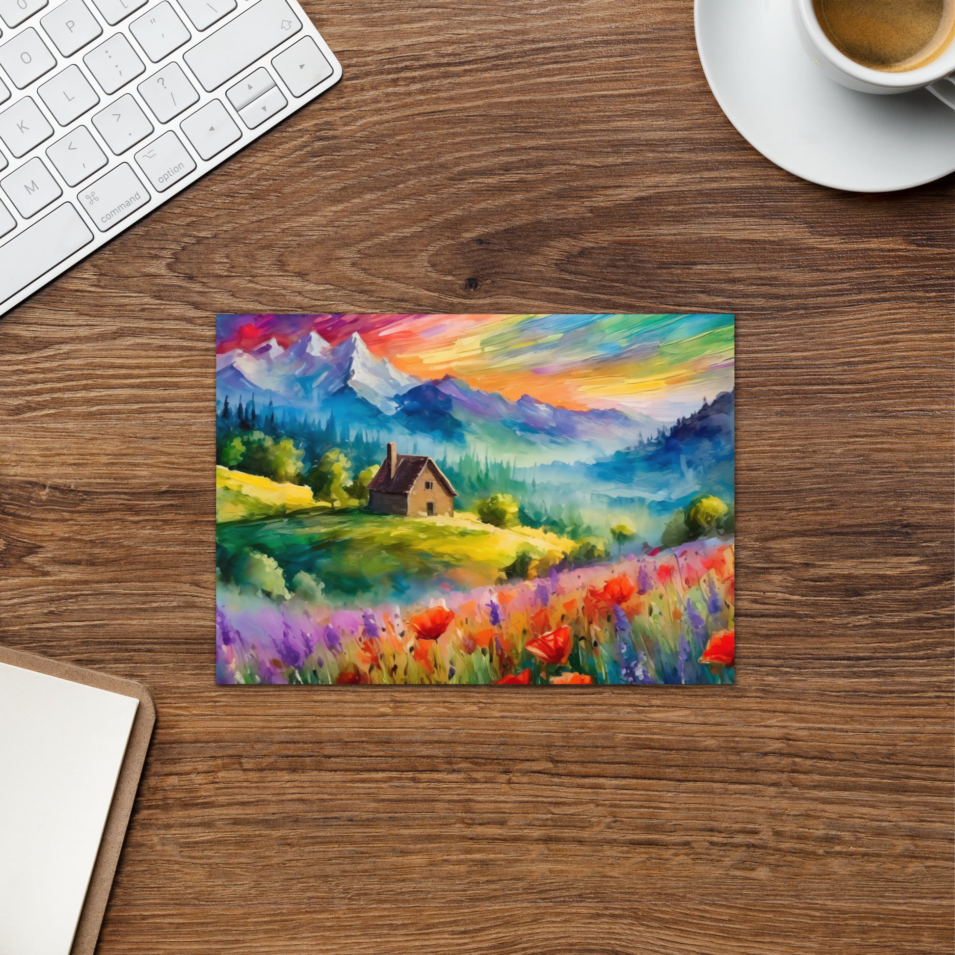 mountains, flowers, fields, sky, clouds, cabin, landscape, art, scenic