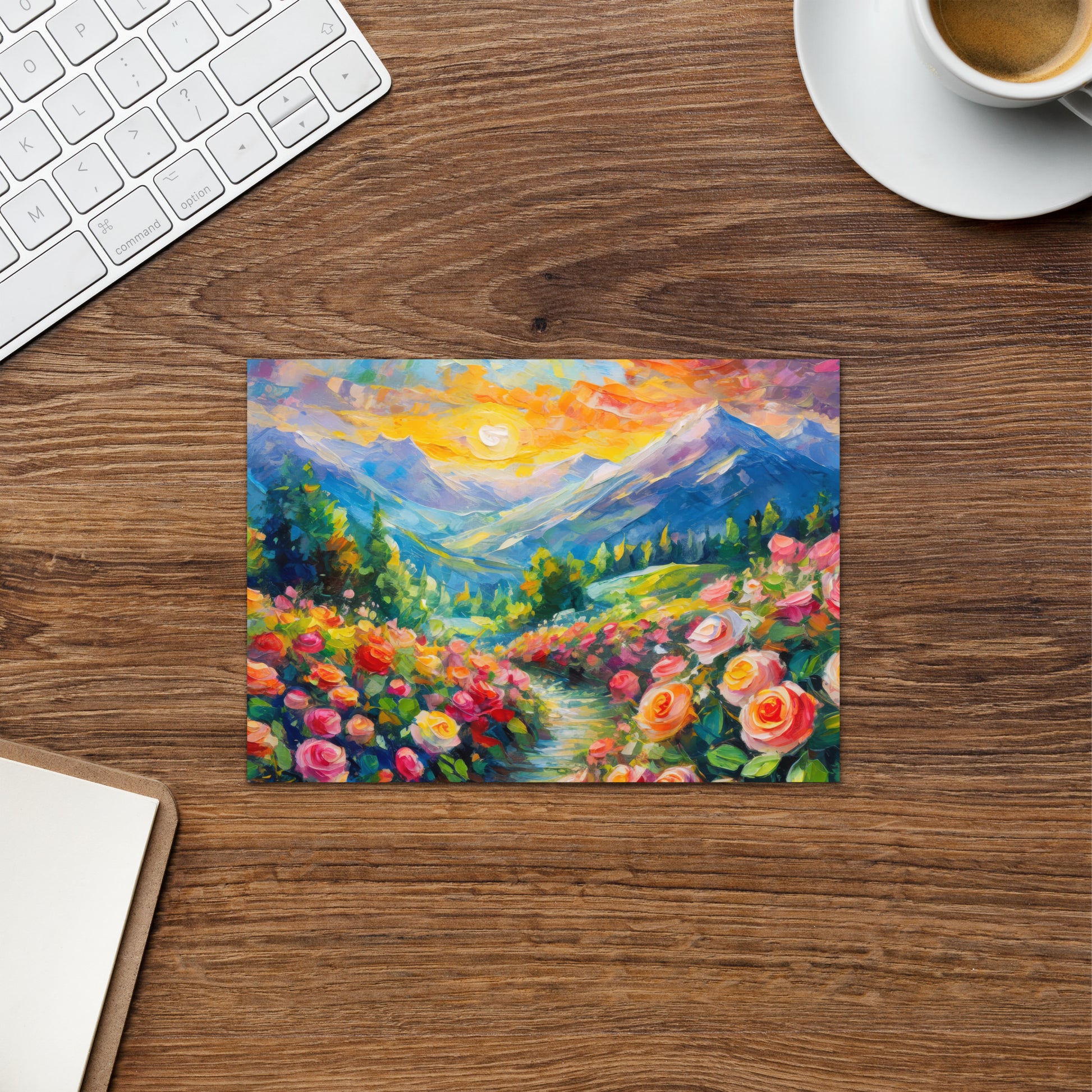 mountains, flowers, trees, sunset, landscape, scenic, art