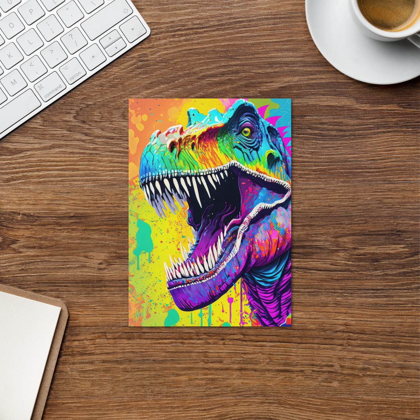 Vibrant Psychedelic T-Rex Greeting Card - Pop Art, Graffiti, Grunge, Rainbow Colors - Perfect For Kids & Teens - Great Gift For Art Lovers