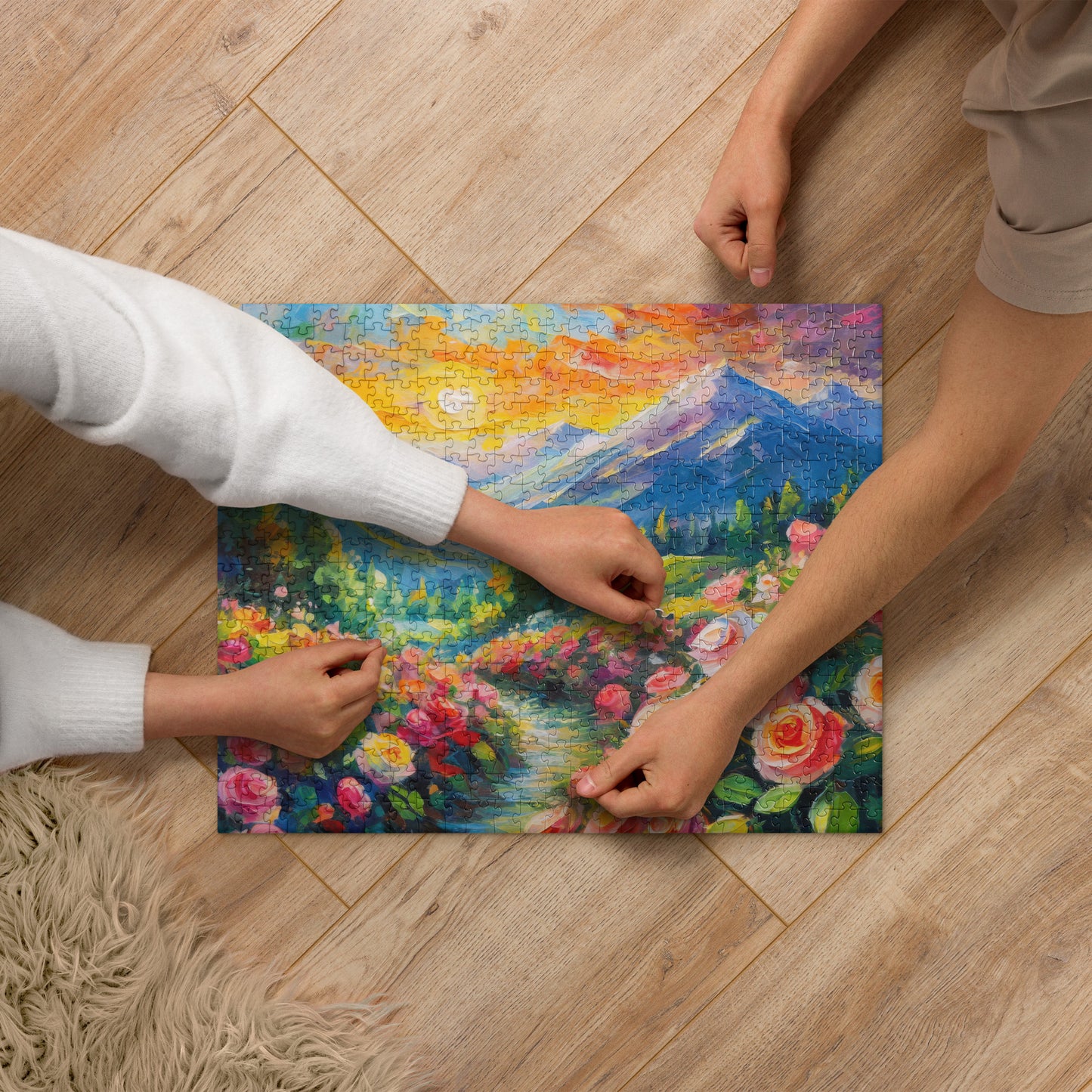 mountains, flowers, roses, sunset, clouds, landscape, scenic, colors, colorful,