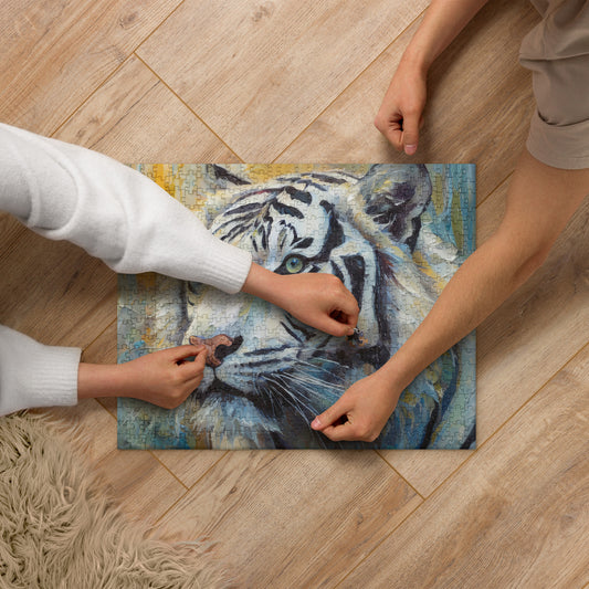 Majestic White Tiger Oil Painting Jigsaw Puzzle - Stylish Fine Art Gift For Nature & Wildlife Lovers, Family Fun And Frameable Wall Décor