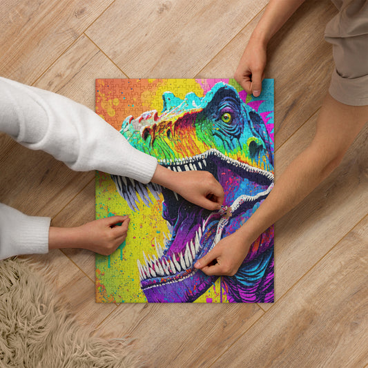 Colorful Psychedelic T-Rex Jigsaw Puzzle - Vibrant Pop Art - Fun Activity For Kids & Families - Gift For Alternative And Graffiti Art Lovers