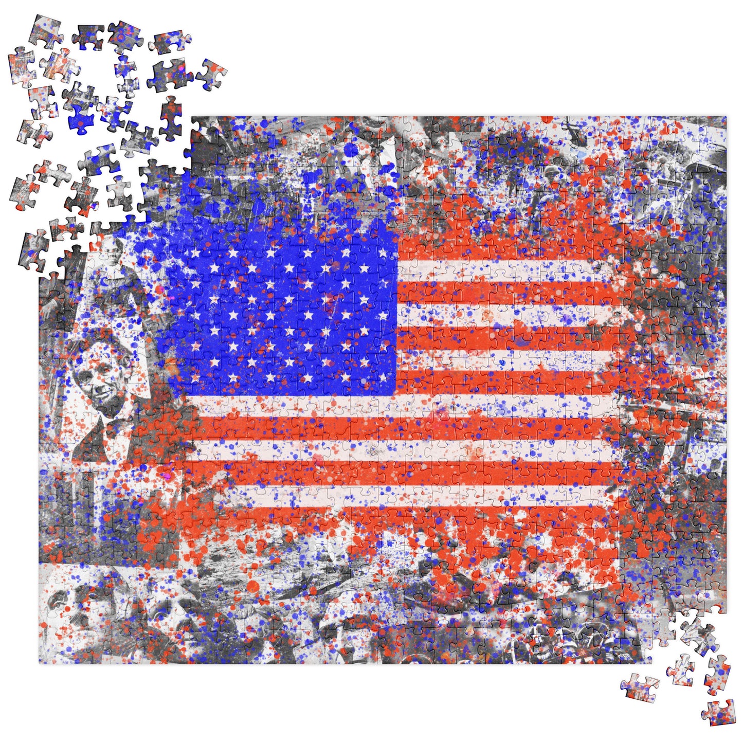 Vibrant American History Collage with Grunge Flag - Fine Art Jigsaw Puzzle - Bold, Colorful Fun for Contemporary, Grunge, and Alternative Art Lovers