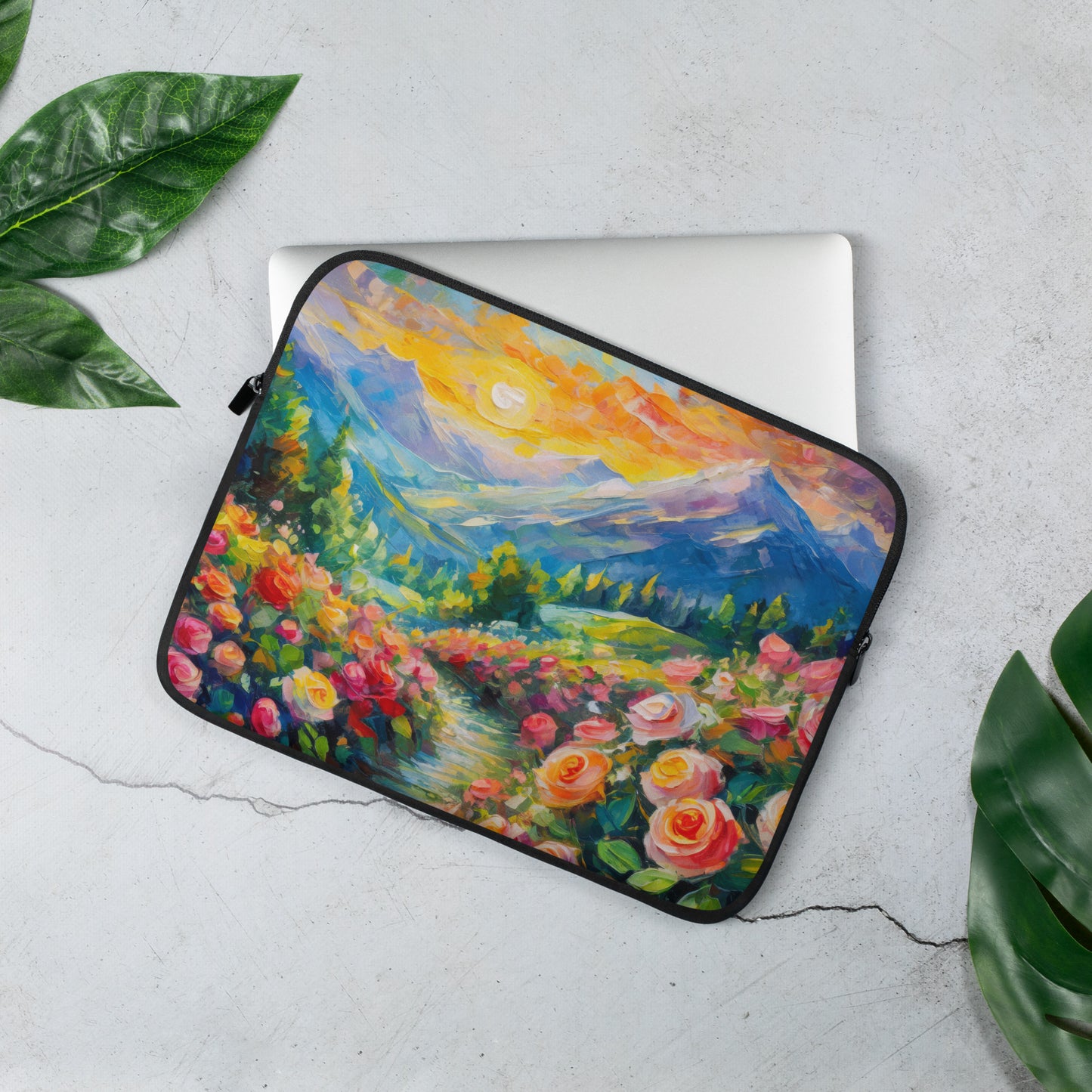 mountains, flowers, roses, sunset, clouds, landscape, scenic, colors, colorful,