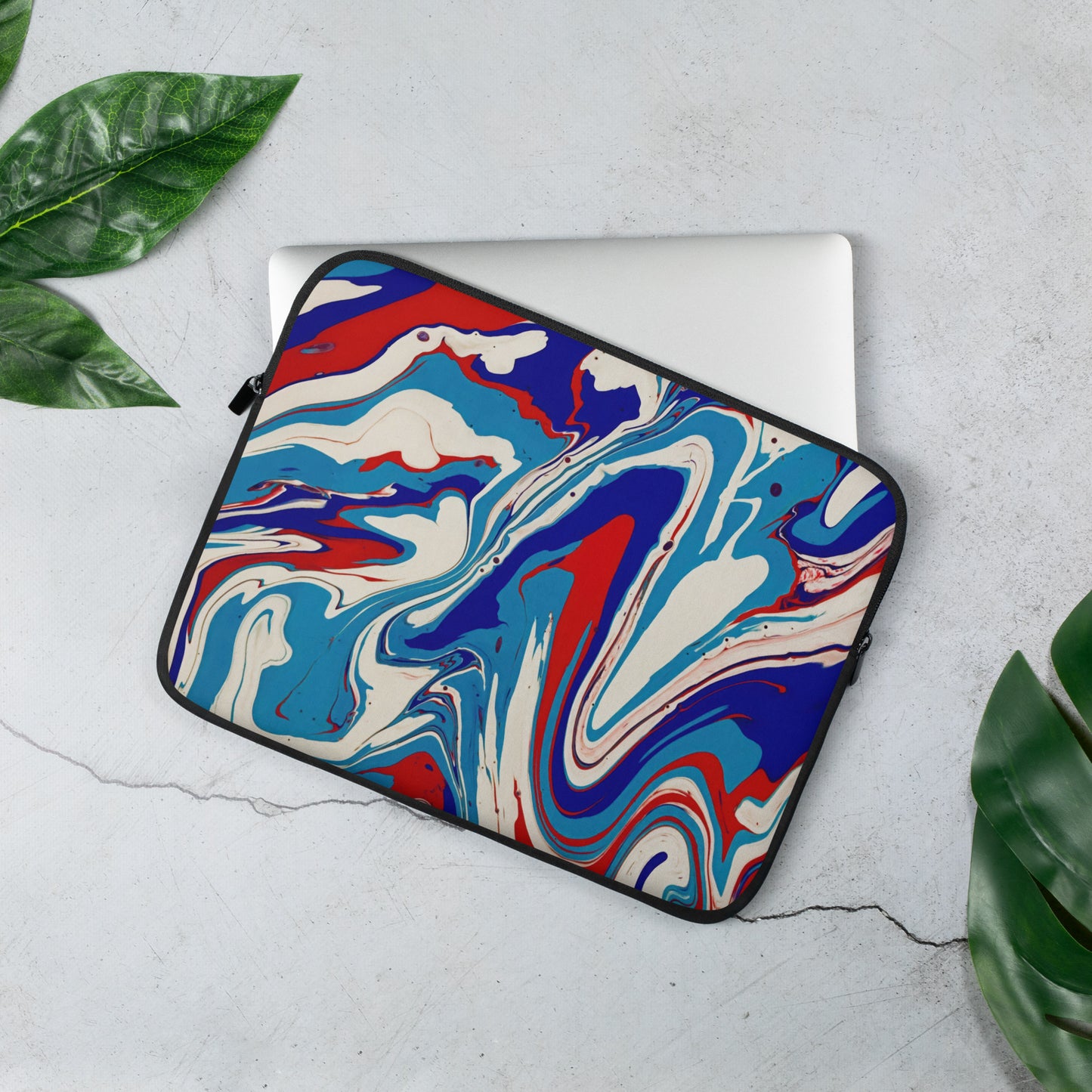 Vibrant Colorful Laptop Sleeve - Red, White & Blue Acrylic Flow Painting - Stylish, Elegant And Unique Abstract Art For New Age Art Lovers