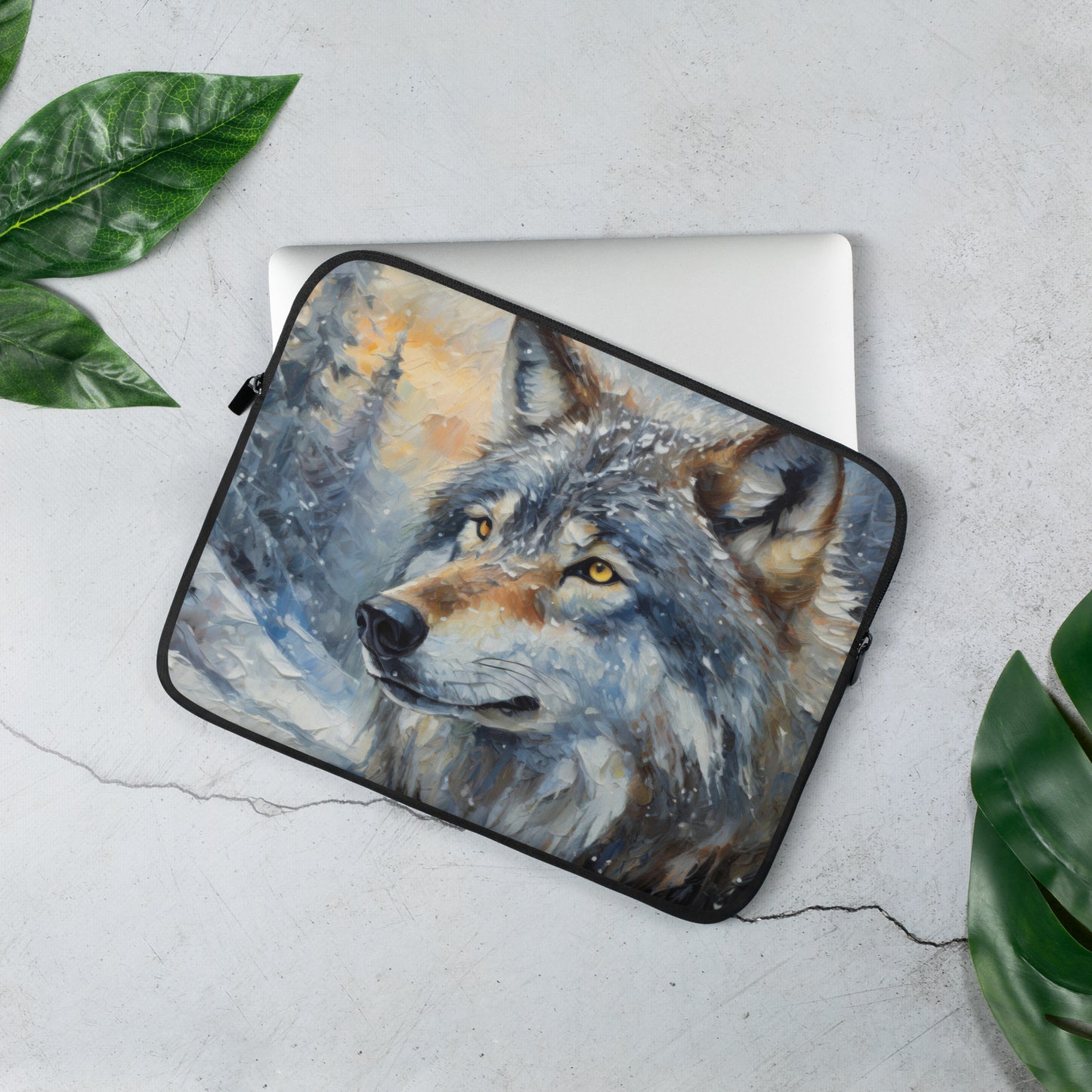 Vibrant Grey Wolf Laptop Sleeve - Colorful Oil Painting, Winter Landscape, Perfect Nature & Wildlife Gift, Home And Office Stationary Décor
