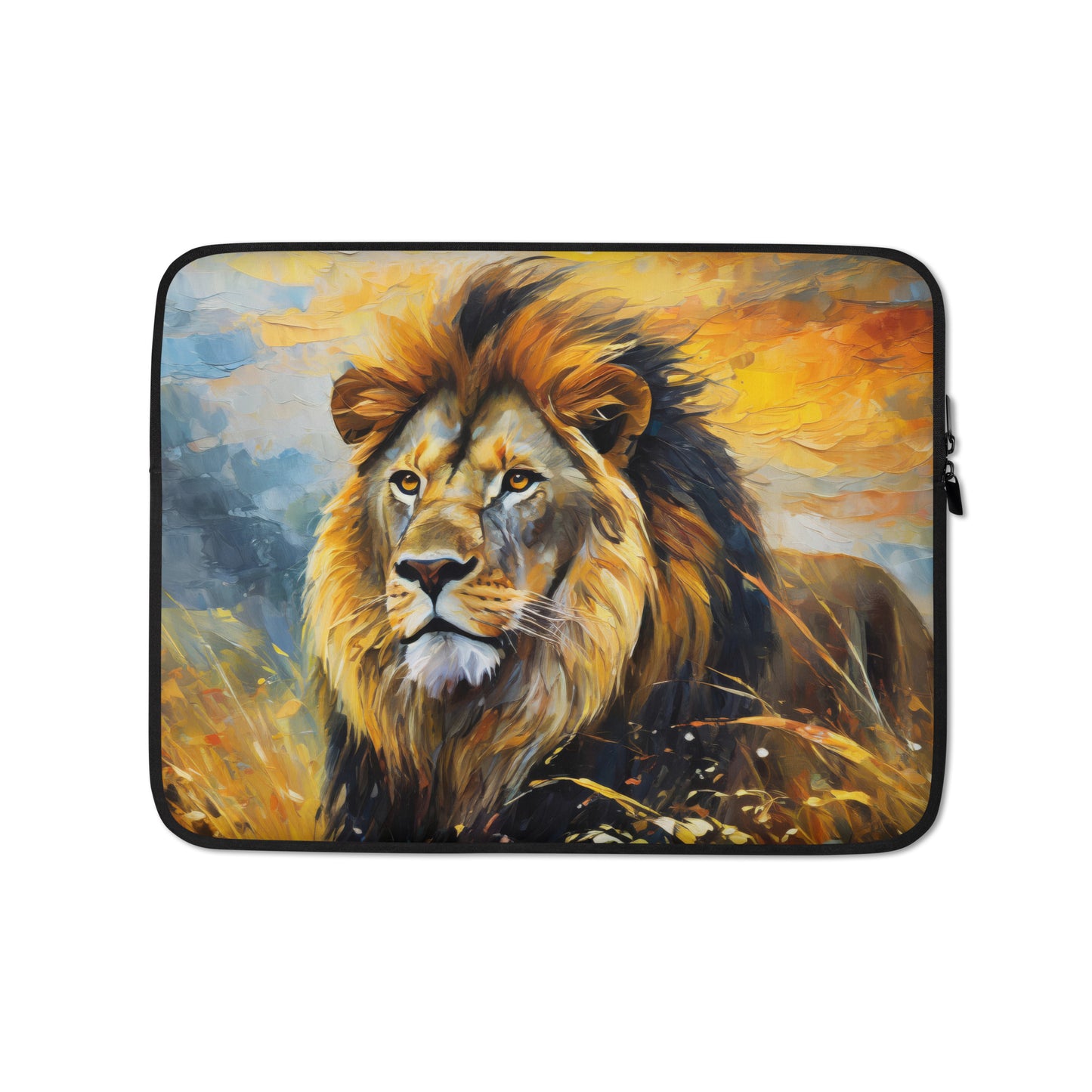 Majestic African Lion Laptop Sleeve - Vibrant Oil Painting, Stylish & Colorful, Male Lion in Golden Fields Under An Evening Sky - Nature Art