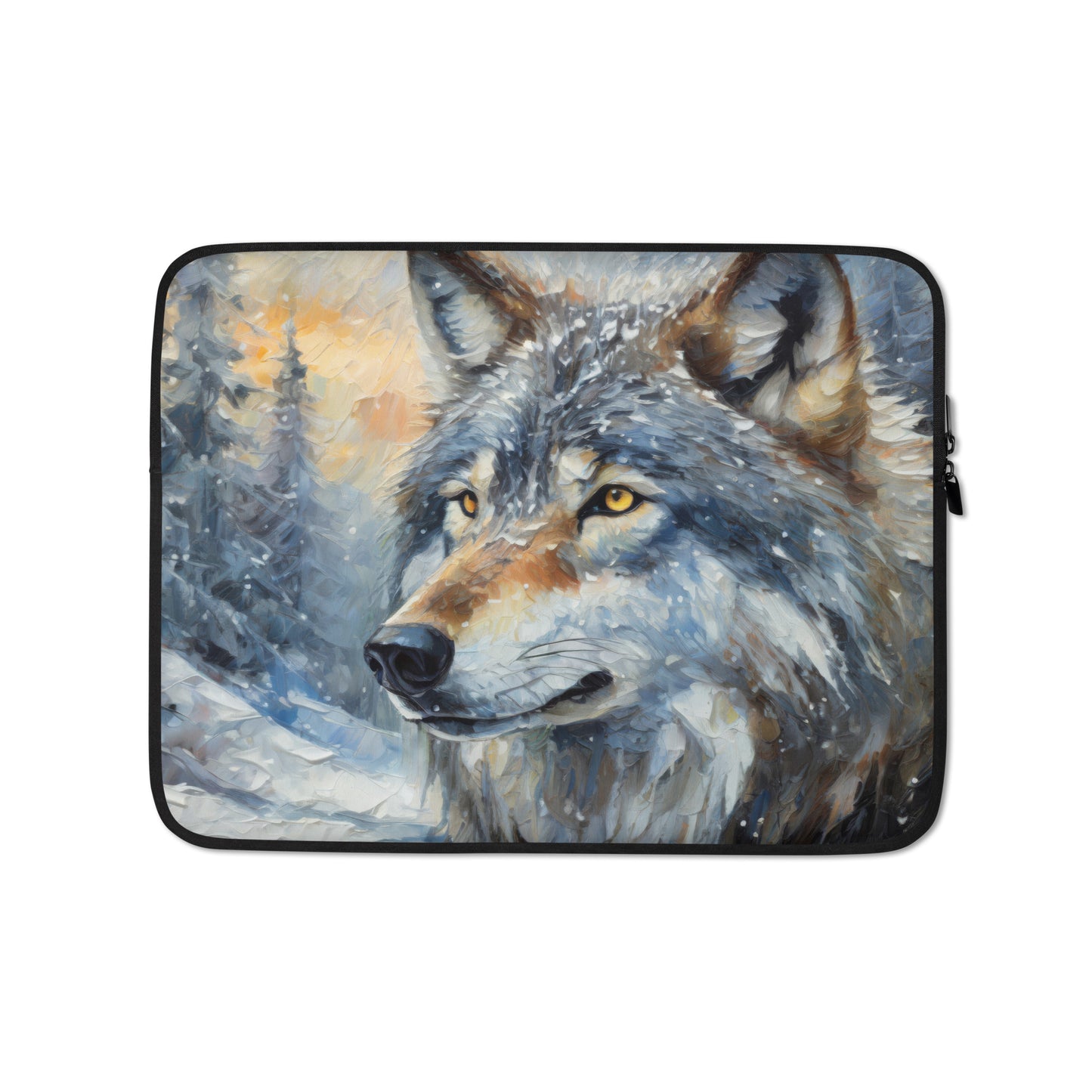 Vibrant Grey Wolf Laptop Sleeve - Colorful Oil Painting, Winter Landscape, Perfect Nature & Wildlife Gift, Home And Office Stationary Décor