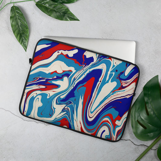 Vibrant Colorful Laptop Sleeve - Red, White & Blue Acrylic Flow Painting - Stylish, Elegant And Unique Abstract Art For New Age Art Lovers