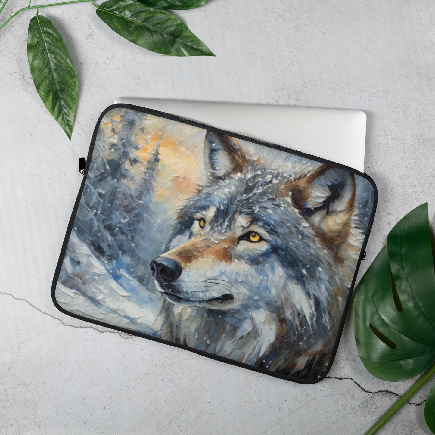Vibrant Grey Wolf Laptop Sleeve - Colorful Oil Painting, Winter Landscape, Perfect Nature & Wildlife Gift, Home And Office Stationary Décor