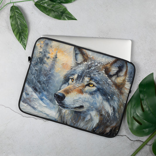 Vibrant Grey Wolf Laptop Sleeve - Colorful Oil Painting, Winter Landscape, Perfect Nature & Wildlife Gift, Home And Office Stationary Décor
