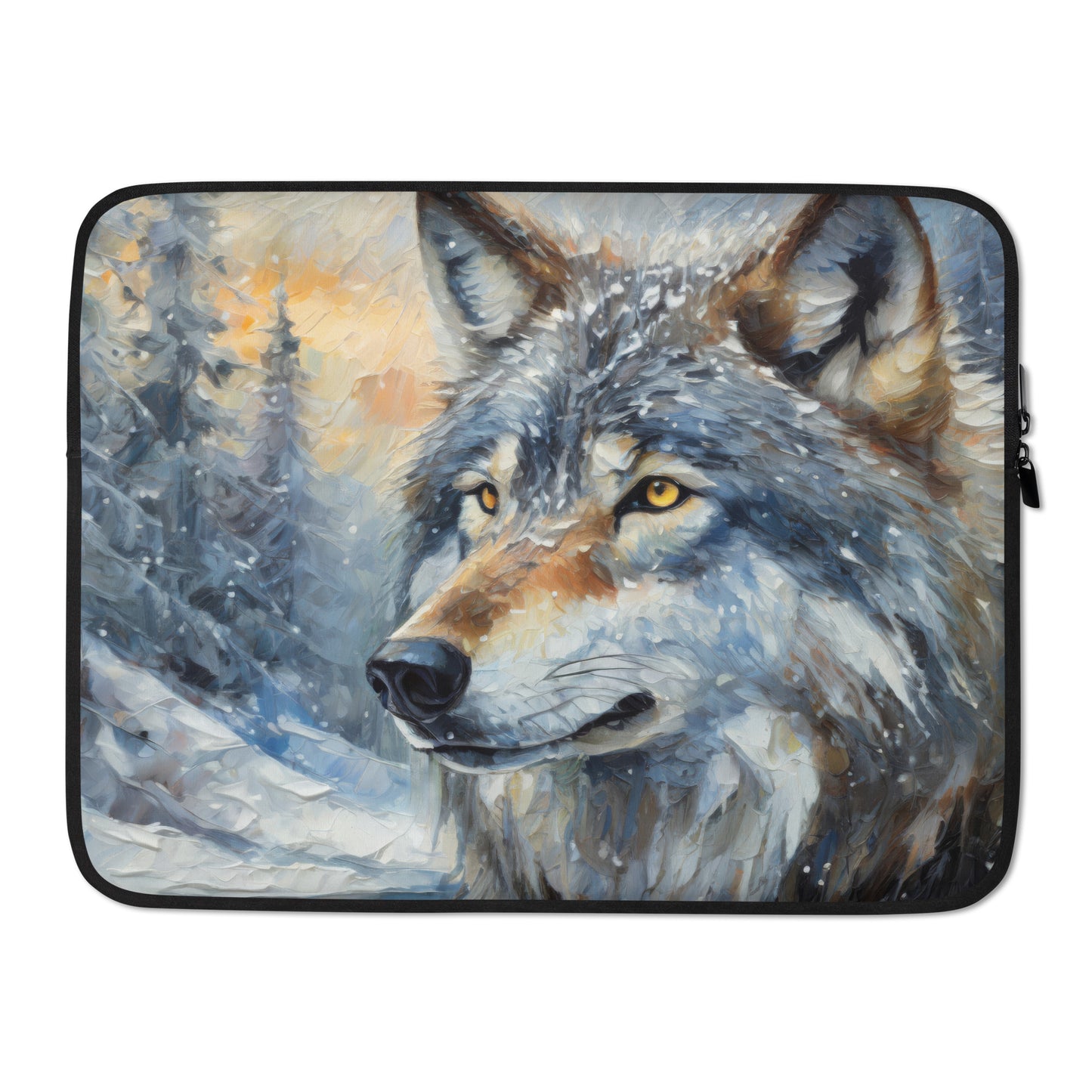 Vibrant Grey Wolf Laptop Sleeve - Colorful Oil Painting, Winter Landscape, Perfect Nature & Wildlife Gift, Home And Office Stationary Décor