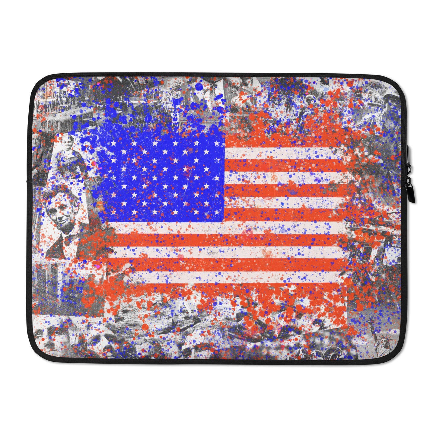 Vibrant American History Collage with Grunge Flag - Fine Art Laptop Sleeve - Bold, Colorful Protection for Contemporary, Grunge, and Alternative Art Lovers