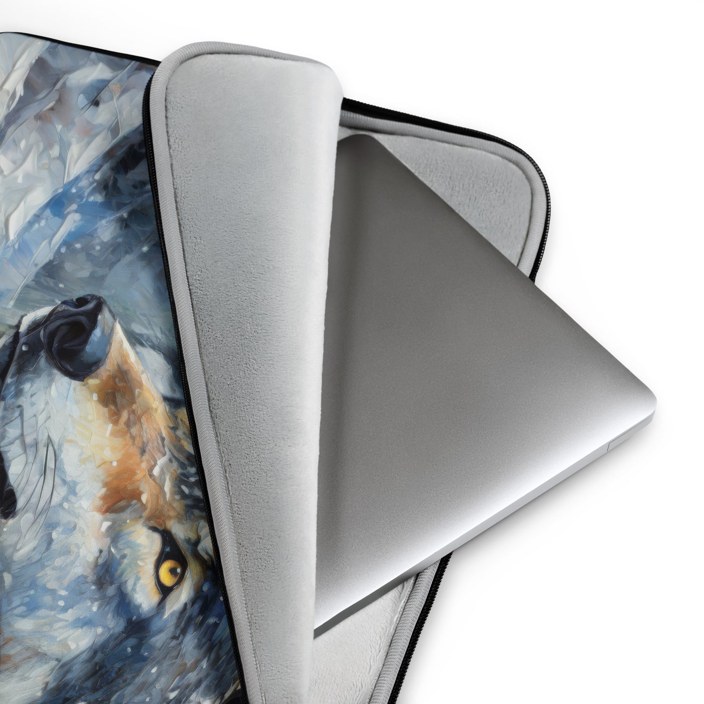 Vibrant Grey Wolf Laptop Sleeve - Colorful Oil Painting, Winter Landscape, Perfect Nature & Wildlife Gift, Home And Office Stationary Décor