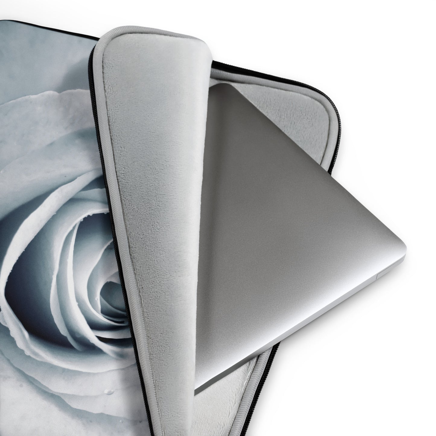 Elegant White Rose Macro Photograph On Fine Art Laptop Sleeve - Perfect Gift For Contemporary Art, Nature, Flower & B&W Photography Lovers