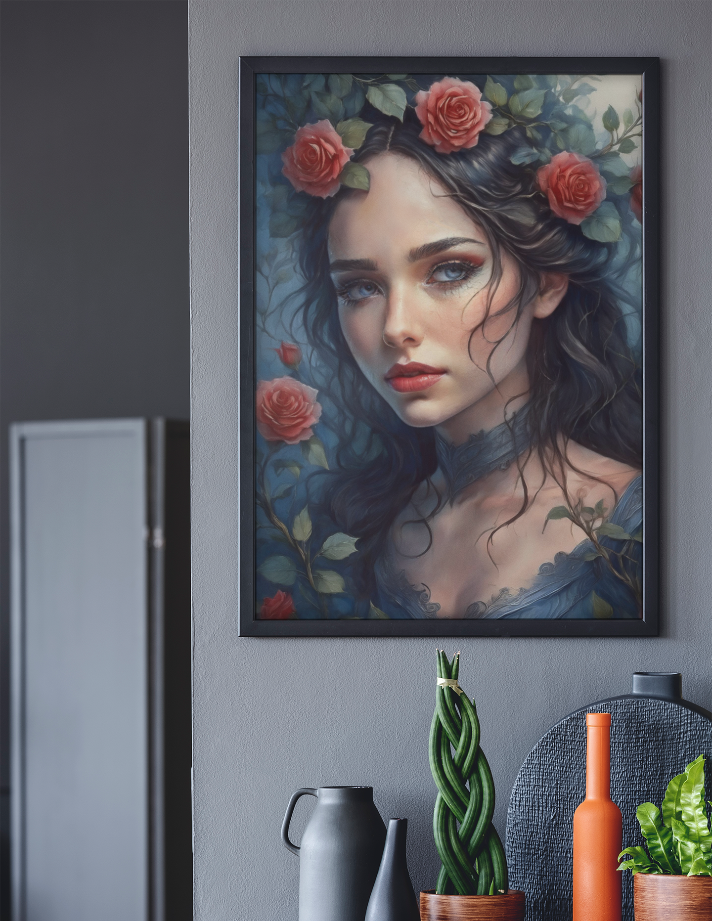 Rose Red - Fairytale - Fine Art Digital Download Print - Maiden With Roses In Her Hair - Sister Of Snow White - Brothers Grimm Artwork