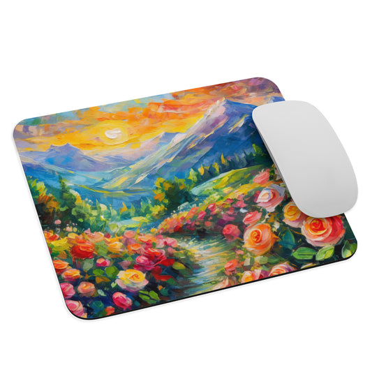 mountains, flowers, roses, sunset, clouds, landscape, scenic, colors, colorful,