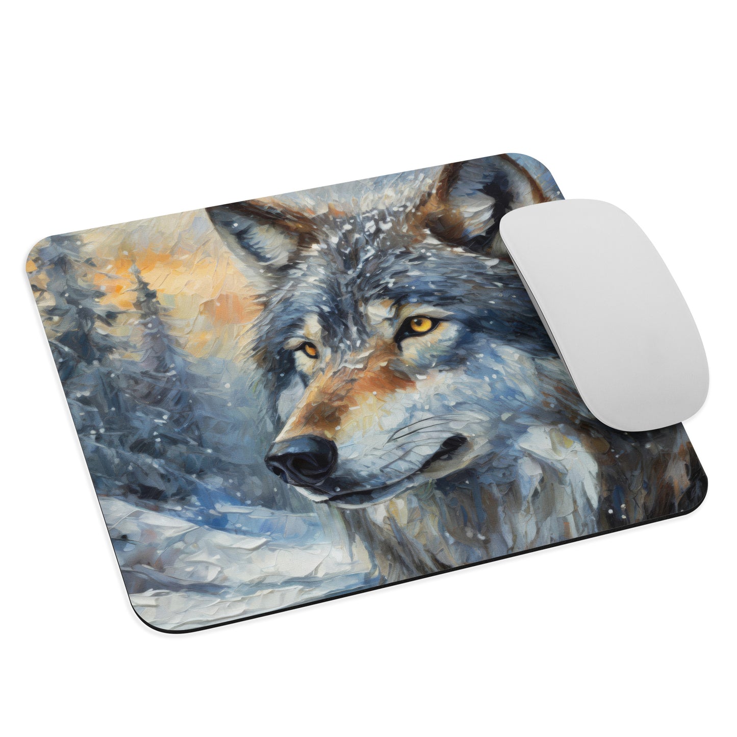 Vibrant Grey Wolf Mouse Pad - Colorful Oil Painting, Winter Landscape, Nature & Wildlife Gift, Stylish Home And Office Stationary Tech Décor