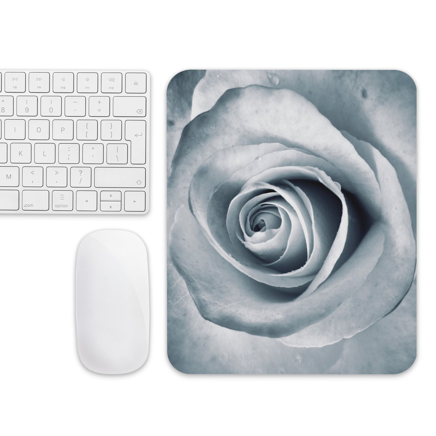 Elegant White Rose Macro Photograph On Fine Art Mouse Pad - Perfect Gift For Contemporary Art, Nature, Flower & B&W Photography Lovers