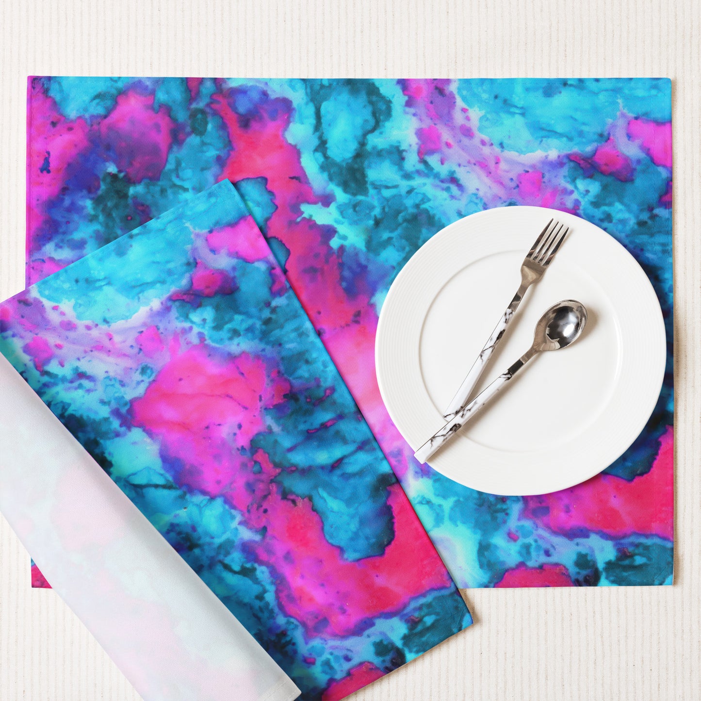 Vibrant Marble Abstract Table Placemat Set of 4 - Magenta & Cyan Art - Stylish & Durable - Perfect for Art Lovers & Home Decor