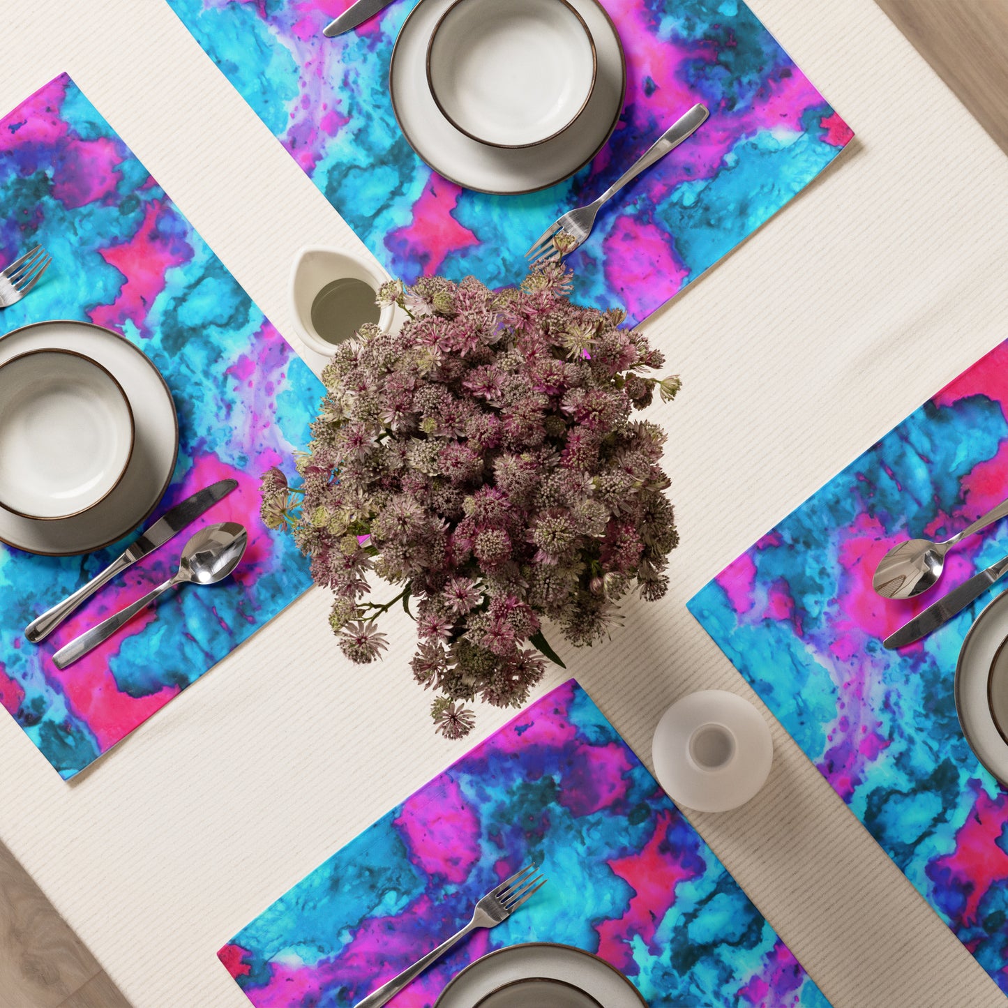 Vibrant Marble Abstract Table Placemat Set of 4 - Magenta & Cyan Art - Stylish & Durable - Perfect for Art Lovers & Home Decor