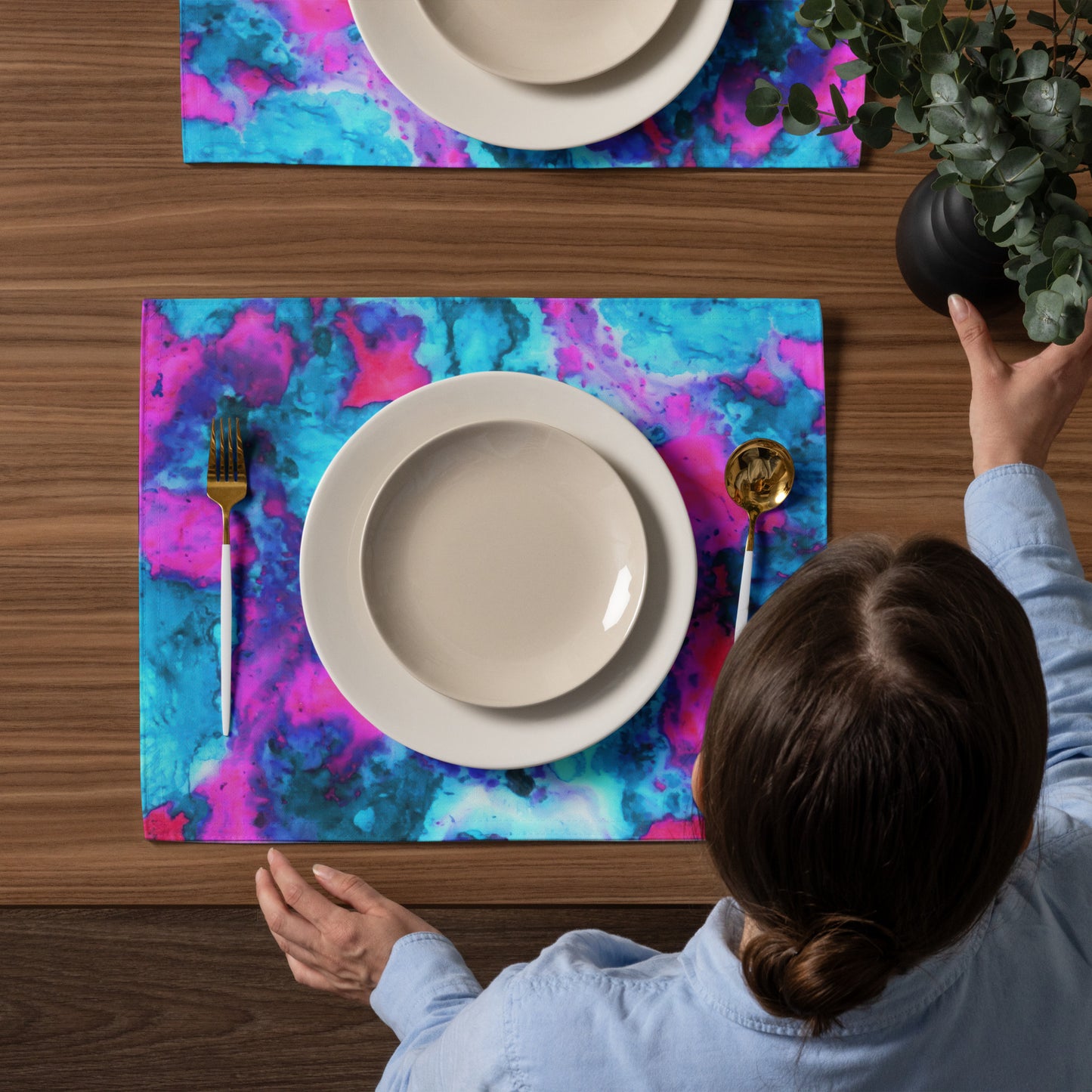 Vibrant Marble Abstract Table Placemat Set of 4 - Magenta & Cyan Art - Stylish & Durable - Perfect for Art Lovers & Home Decor