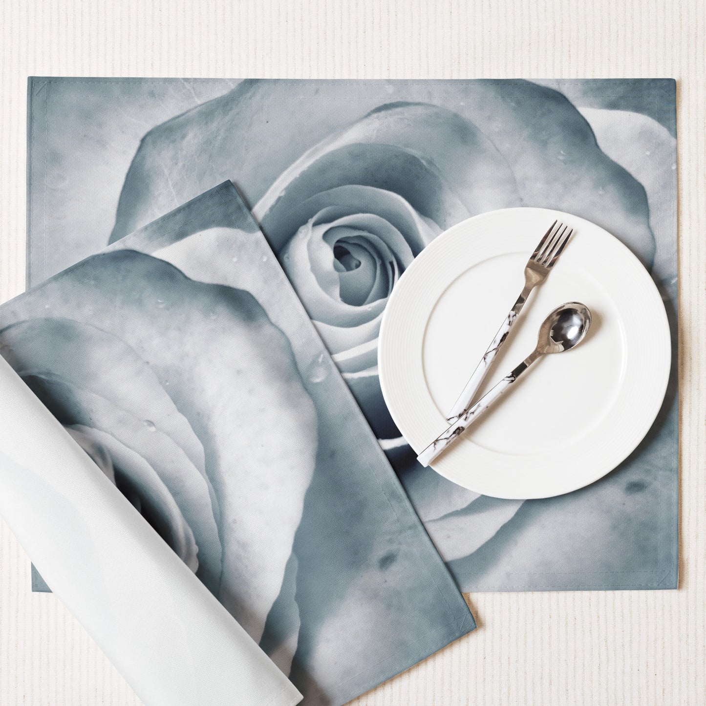Elegant White Rose Macro Photograph On Fine Art Table Placemat Set Of 4 - Perfect Gift For Contemporary Art, Nature, Flower & B&W Photography Lovers