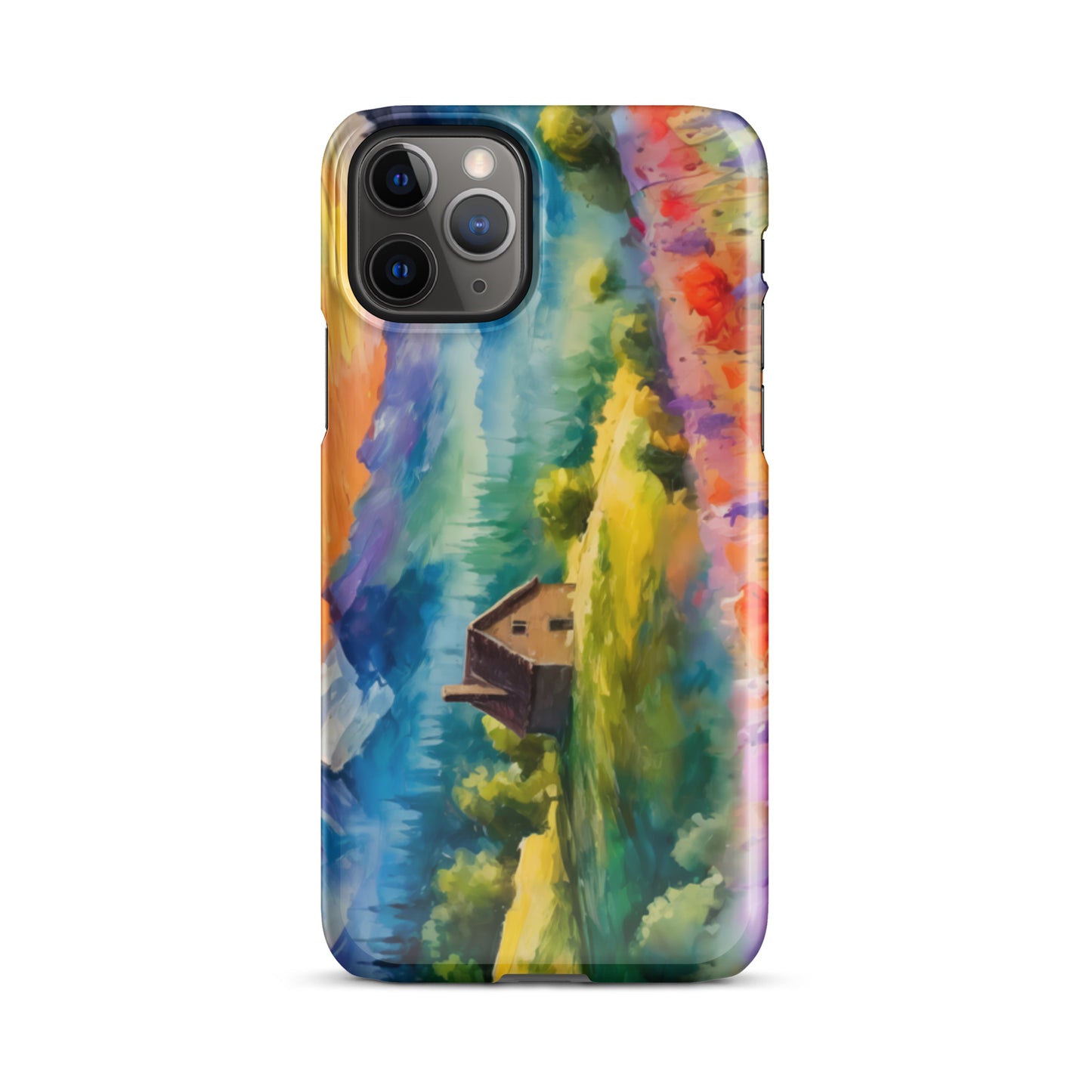 mountains, flowers, fields, sky, clouds, cabin, landscape, art, scenic