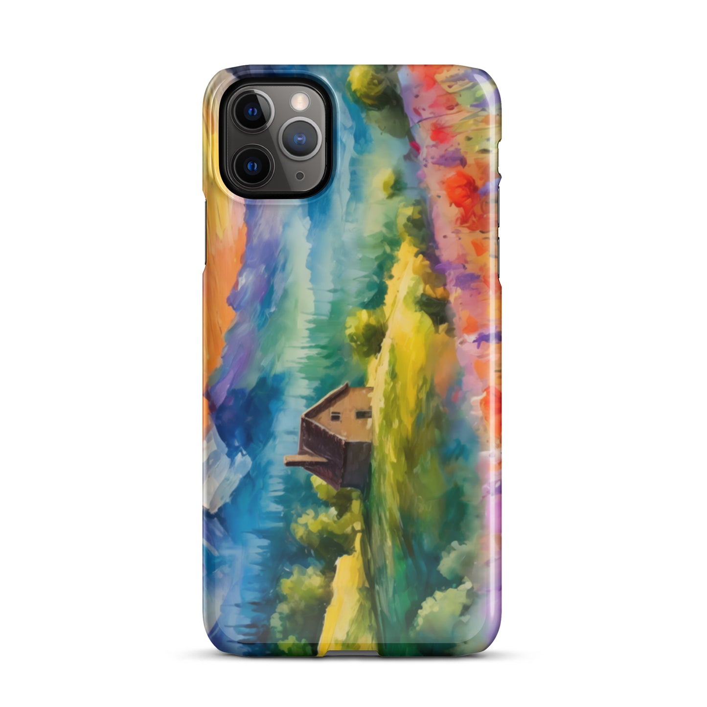 mountains, flowers, fields, sky, clouds, cabin, landscape, art, scenic