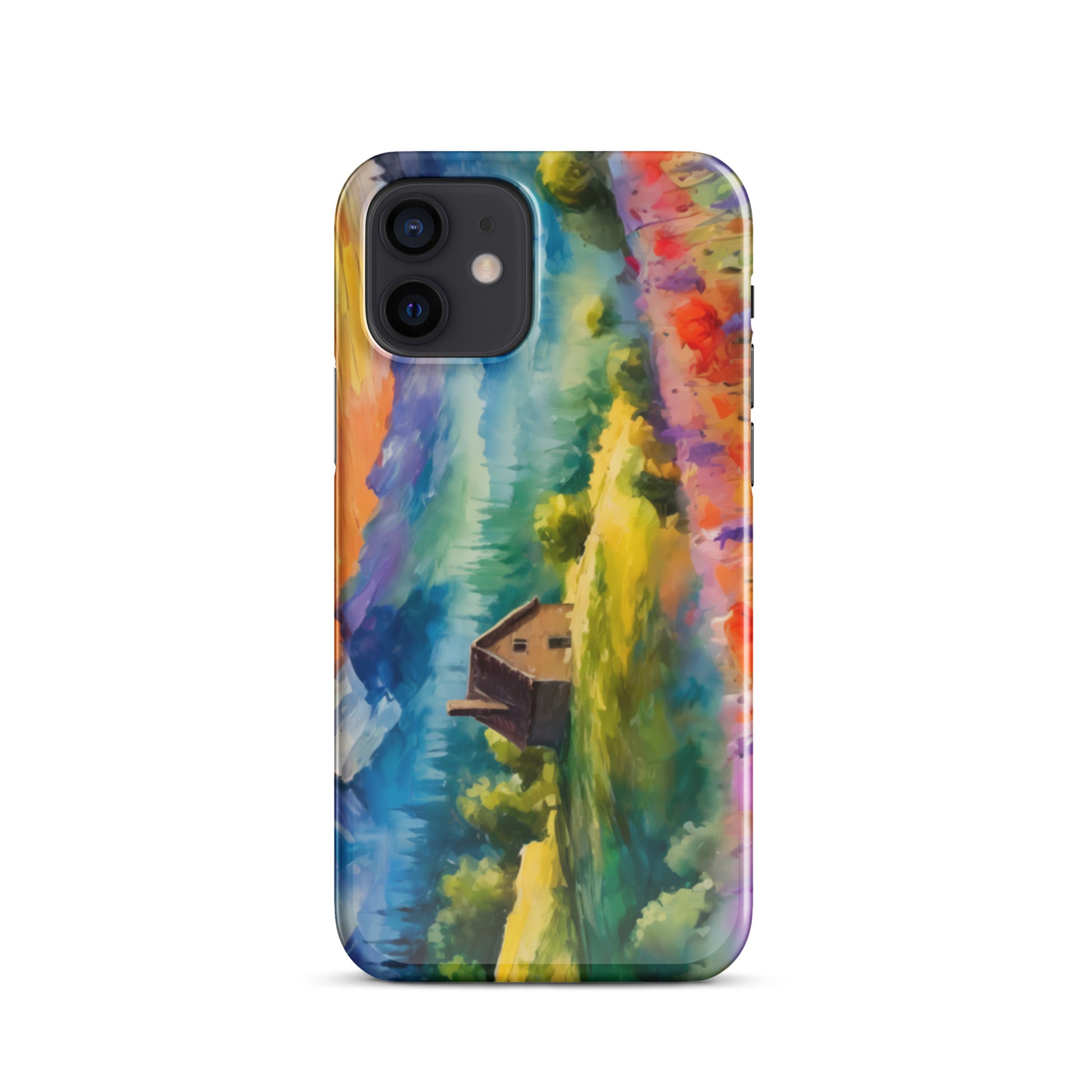 mountains, flowers, fields, sky, clouds, cabin, landscape, art, scenic