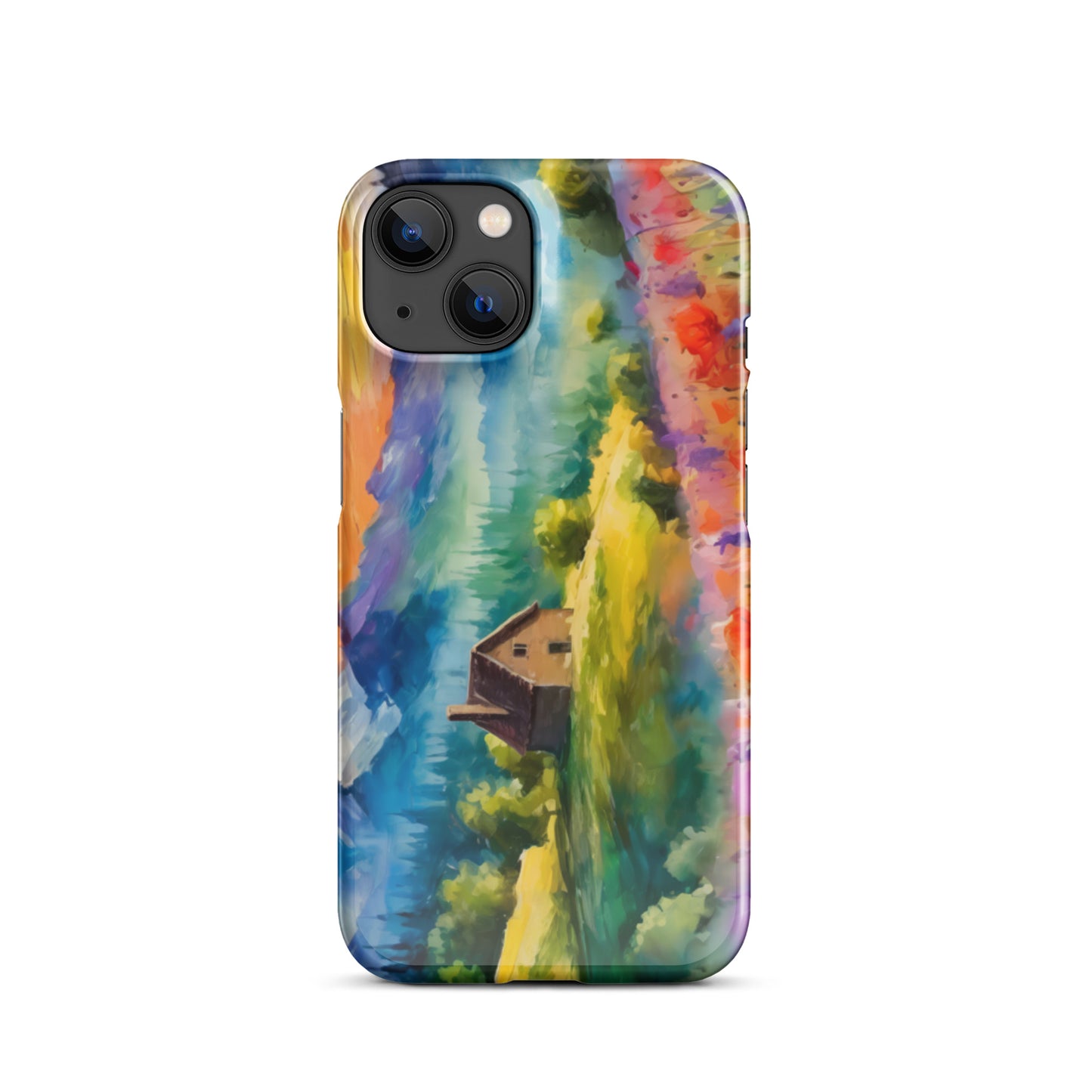 mountains, flowers, fields, sky, clouds, cabin, landscape, art, scenic