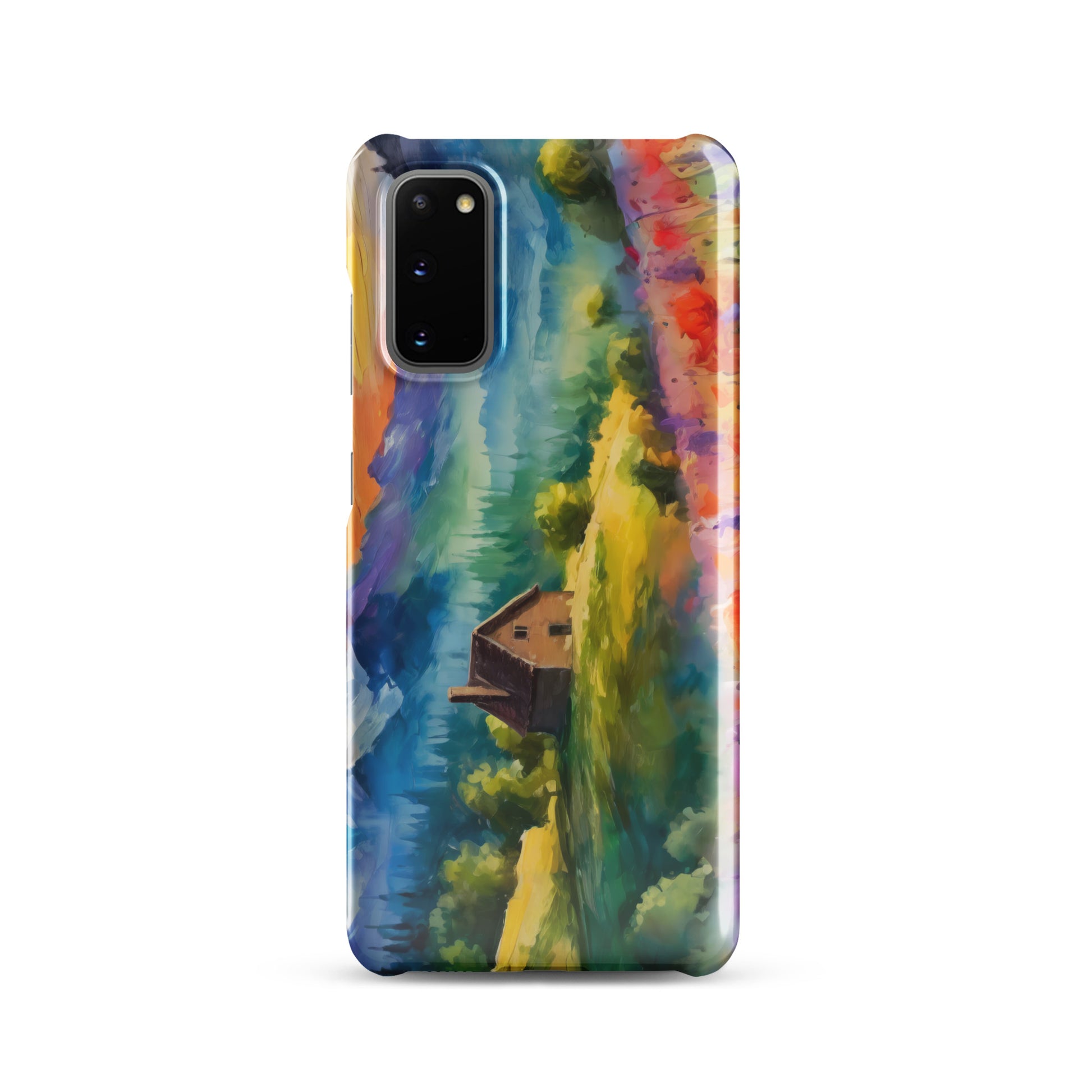 mountains, flowers, fields, sky, clouds, cabin, landscape, art, scenic