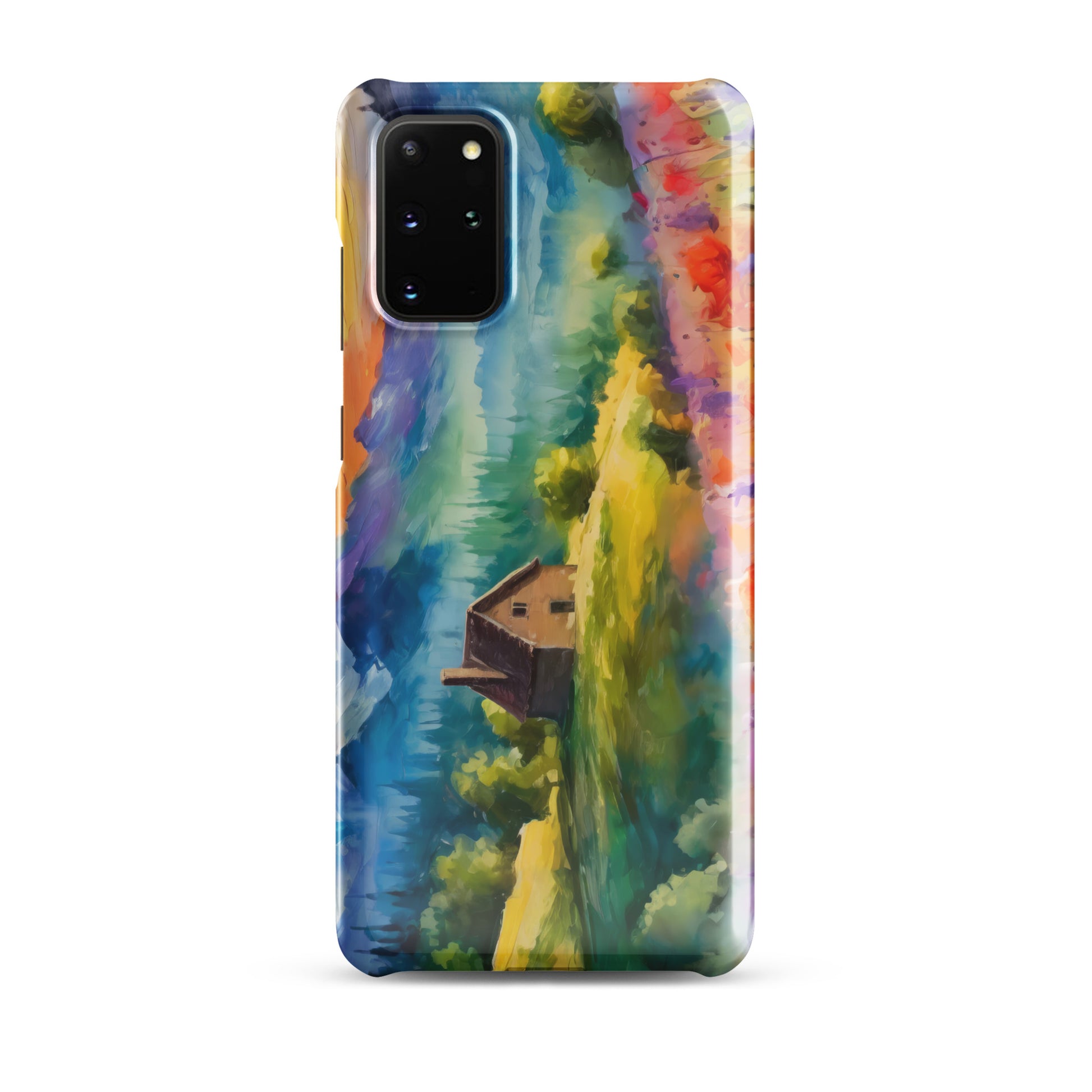 mountains, flowers, fields, sky, clouds, cabin, landscape, art, scenic