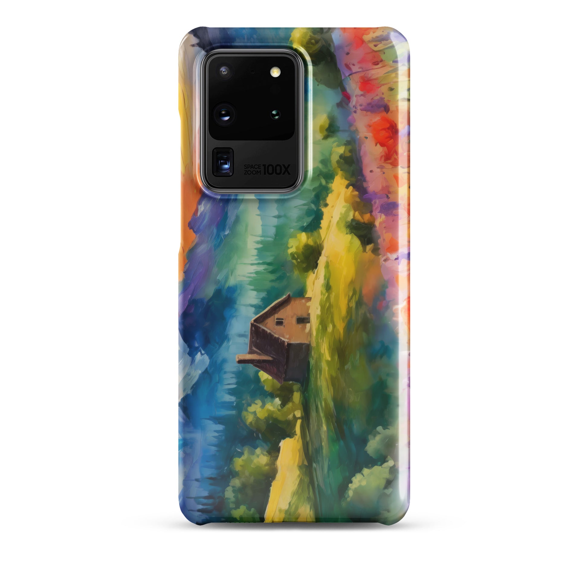 mountains, flowers, fields, sky, clouds, cabin, landscape, art, scenic