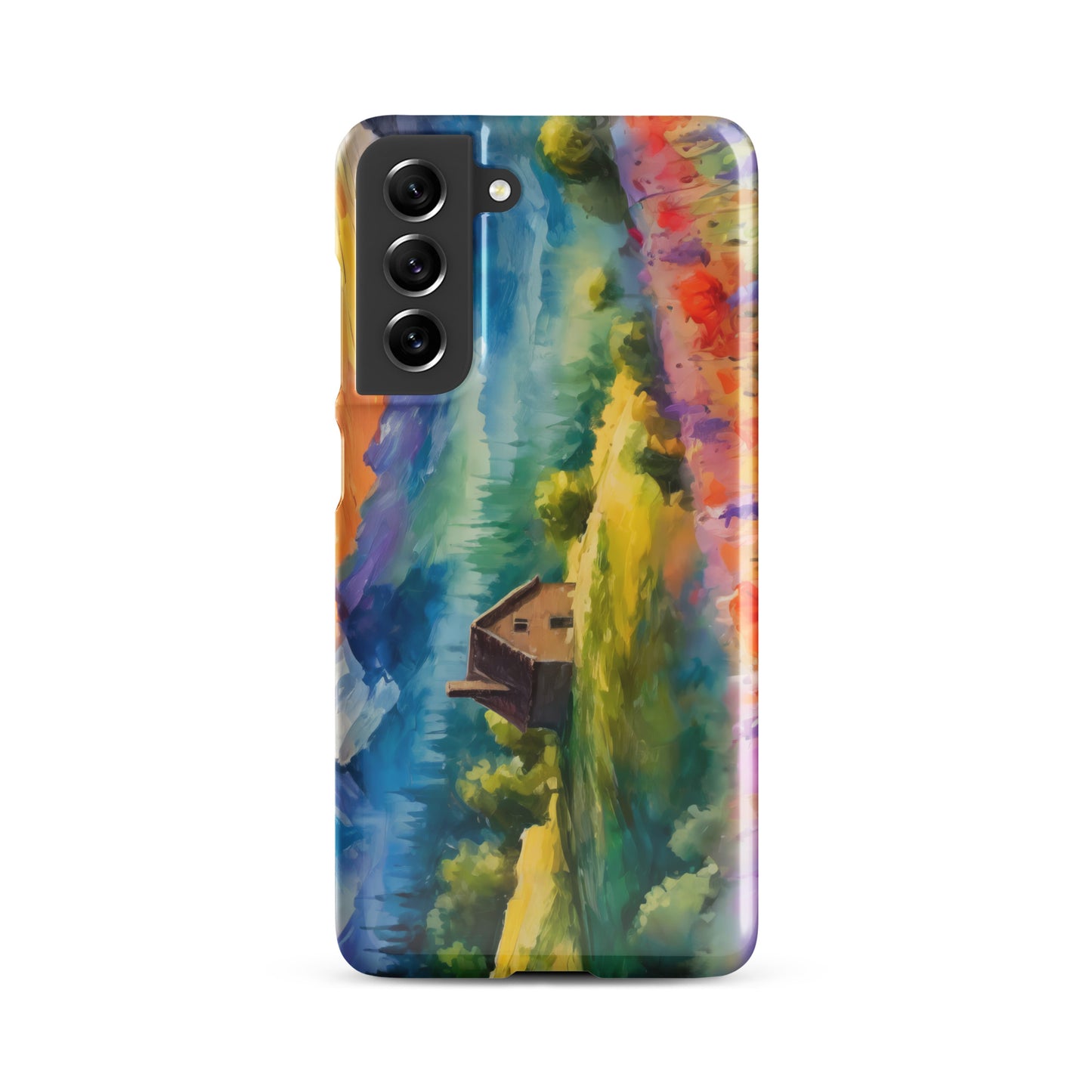 mountains, flowers, fields, sky, clouds, cabin, landscape, art, scenic