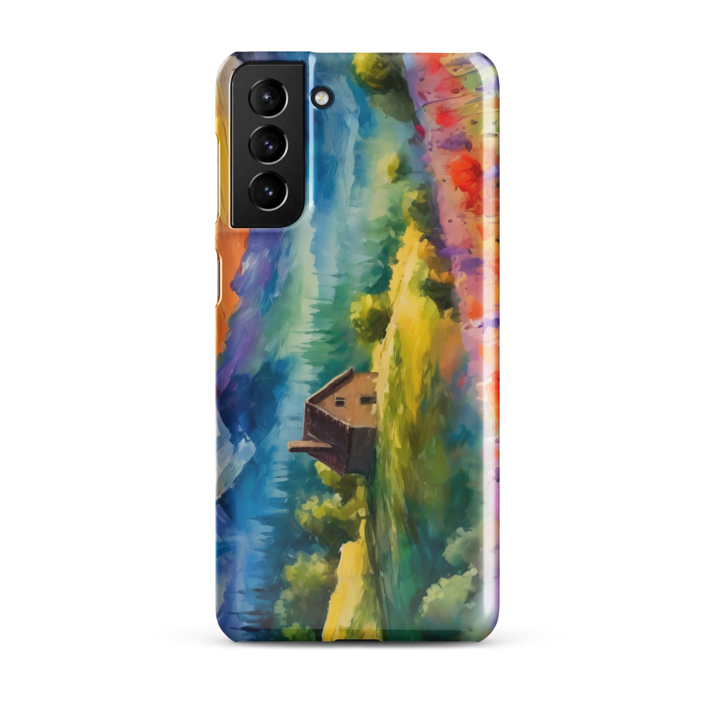 mountains, flowers, fields, sky, clouds, cabin, landscape, art, scenic