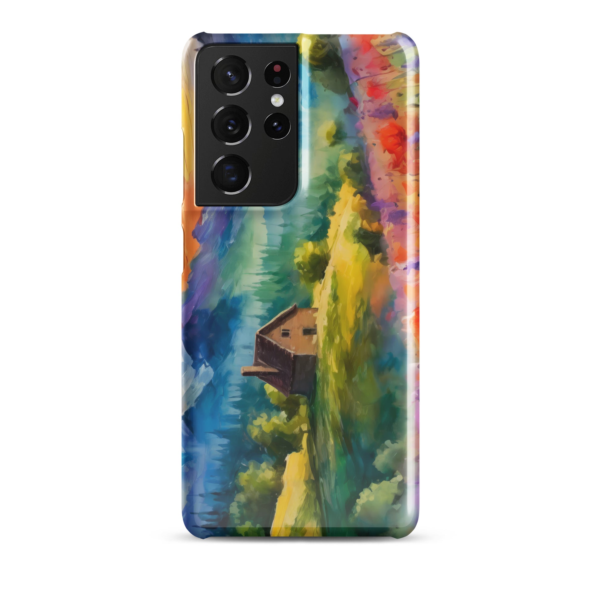 mountains, flowers, fields, sky, clouds, cabin, landscape, art, scenic