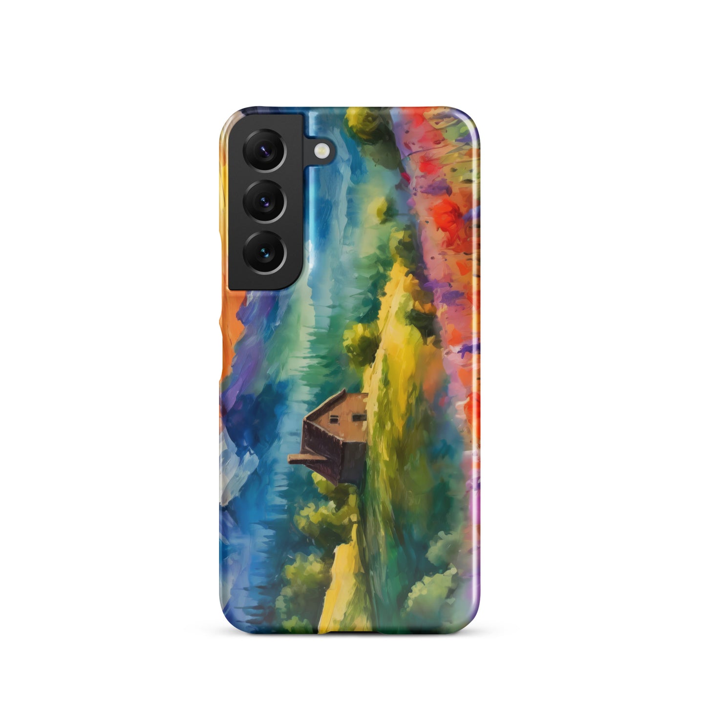 mountains, flowers, fields, sky, clouds, cabin, landscape, art, scenic