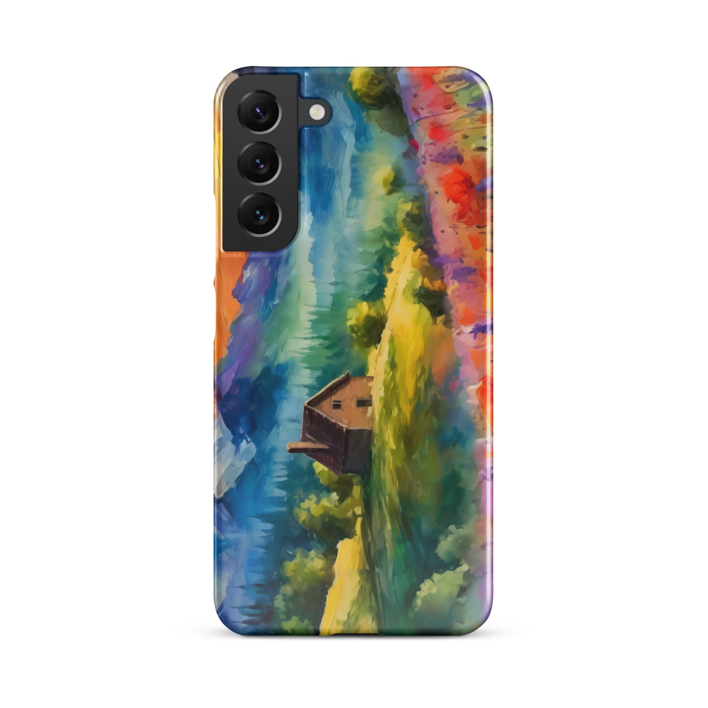 mountains, flowers, fields, sky, clouds, cabin, landscape, art, scenic