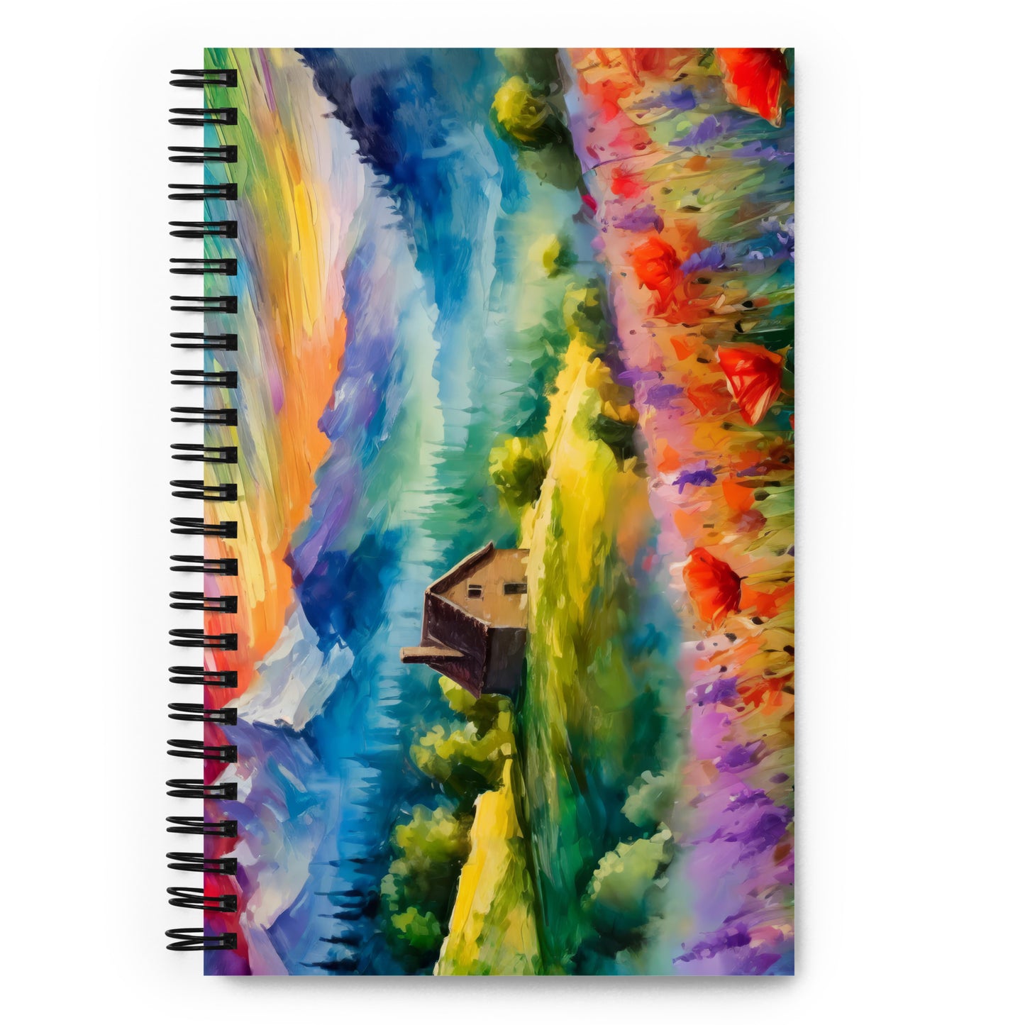 mountains, flowers, fields, sky, clouds, cabin, landscape, art, scenic