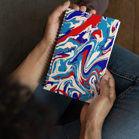 Vibrant Red, White & Blue Flow Acrylic Painting Spiral Notebook - Elegant Abstract And Modern Art Design for Art Lovers And Creative Minds