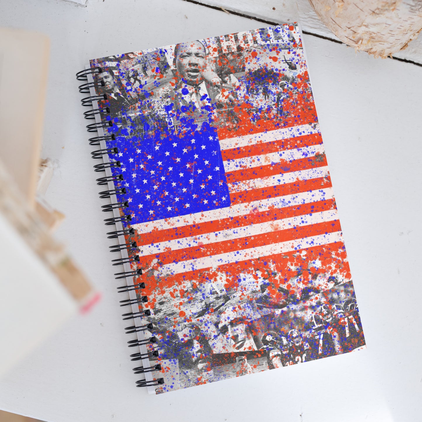 Vibrant American History Collage with Grunge Flag - Fine Art Spiral Notebook - Bold, Colorful Stationery for Contemporary, Grunge, and Alternative Art Lovers