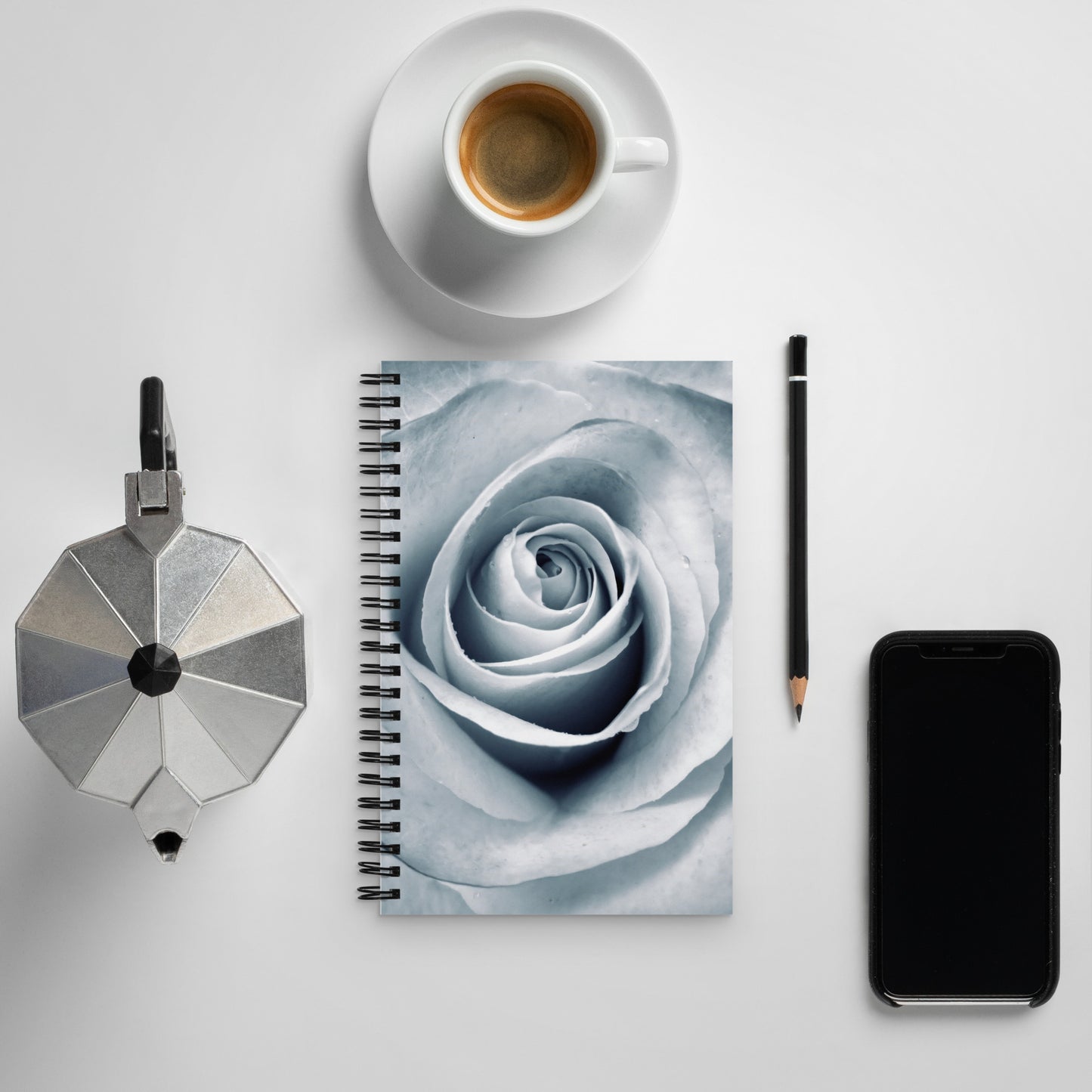 Elegant White Rose Macro Photograph On Fine Art Spiral Notebook - Perfect Gift for Contemporary Art, Nature, Flower & B&W Photography Lovers